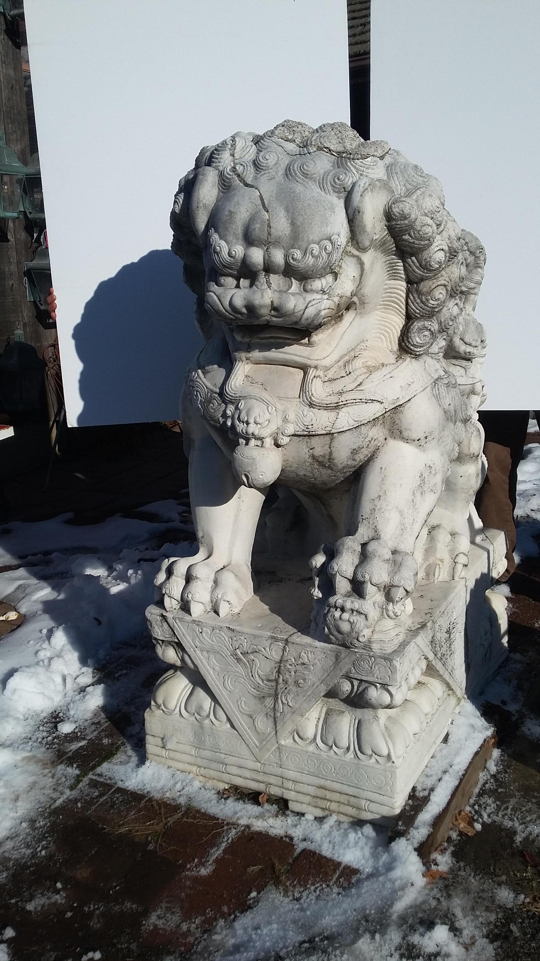 Monumental Carved Pair of Marble Foo Dogs from China For Sale 3