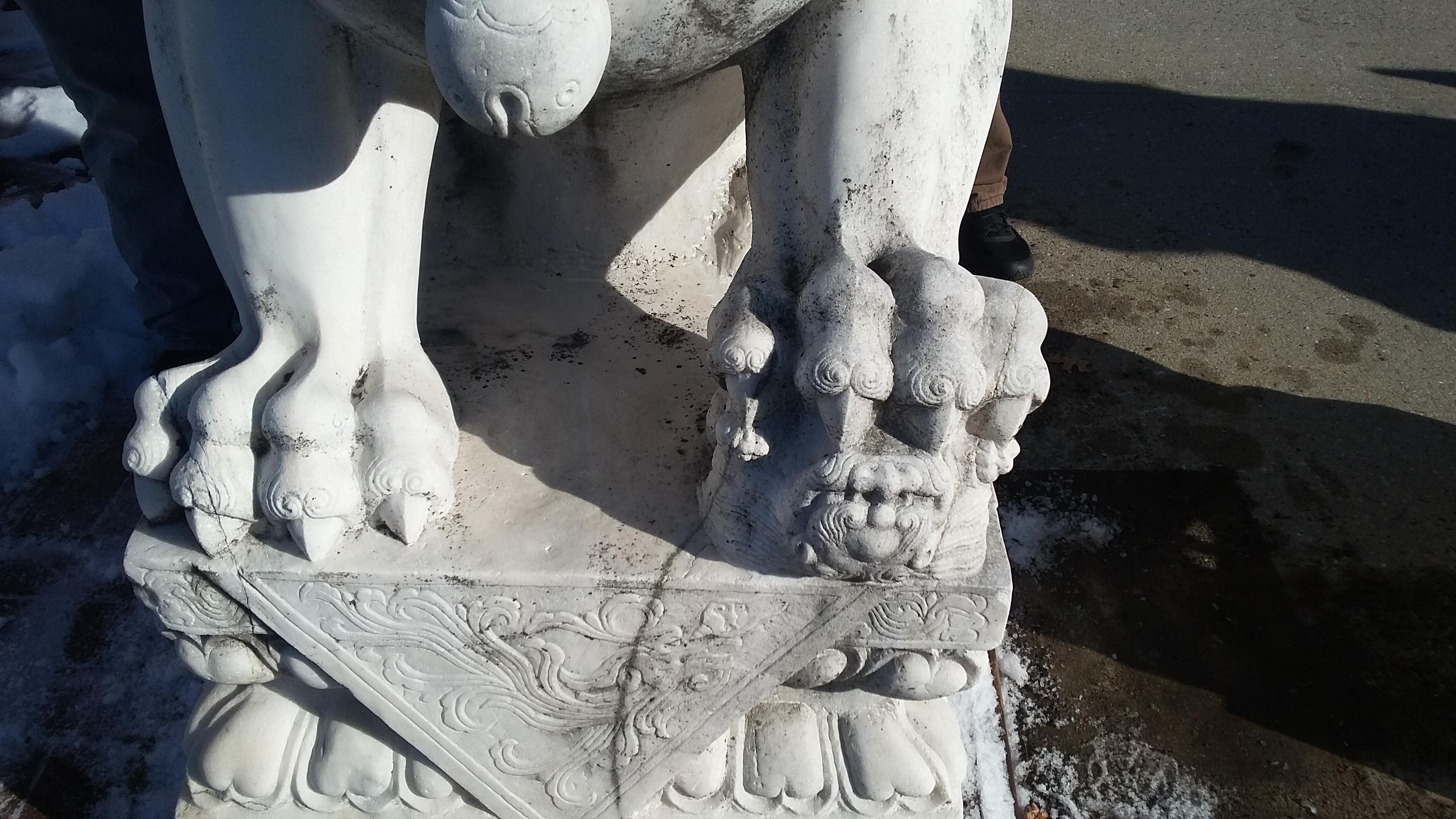 Monumental Carved Pair of Marble Foo Dogs from China For Sale 5