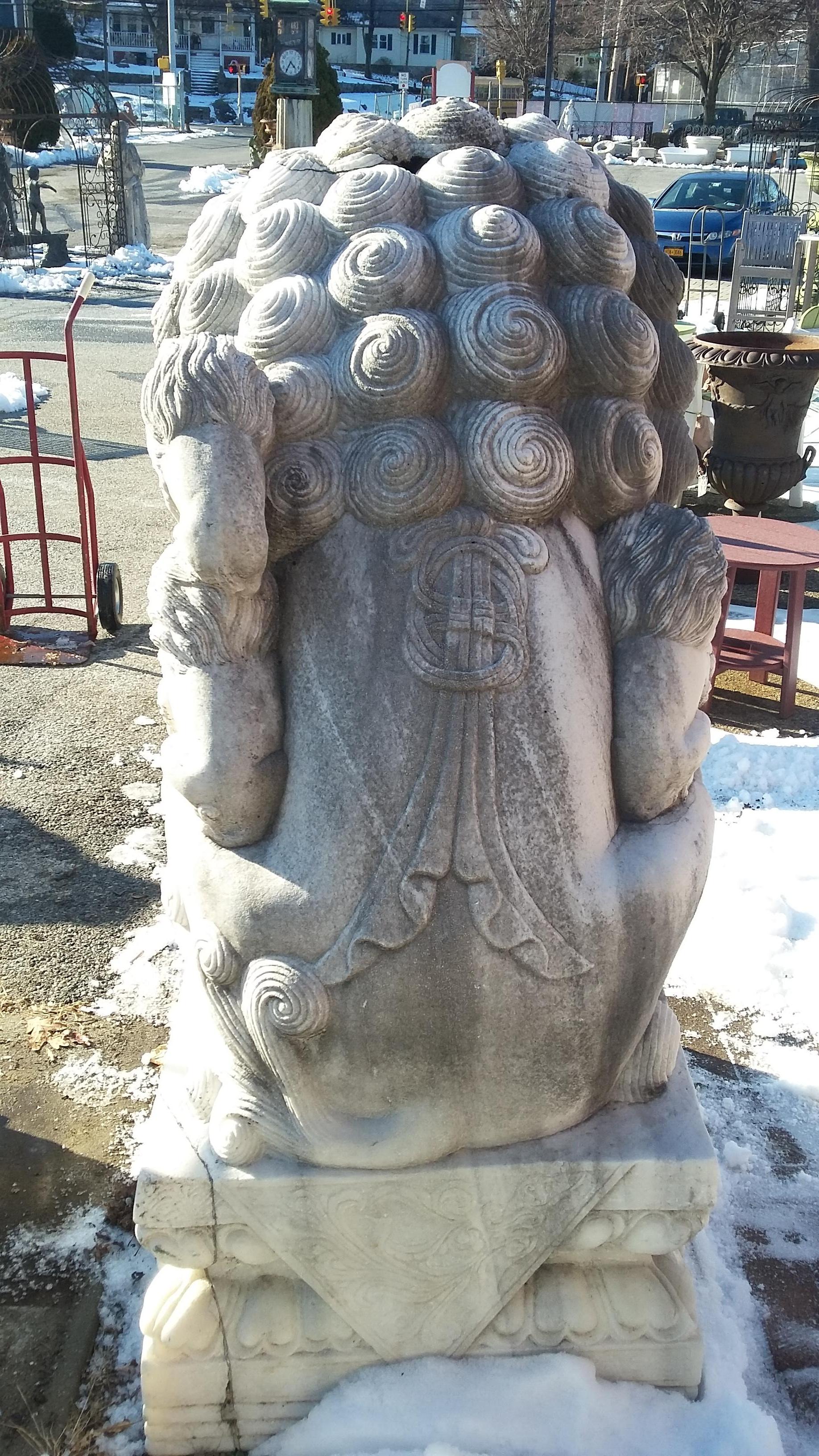 Monumental Carved Pair of Marble Foo Dogs from China For Sale 7