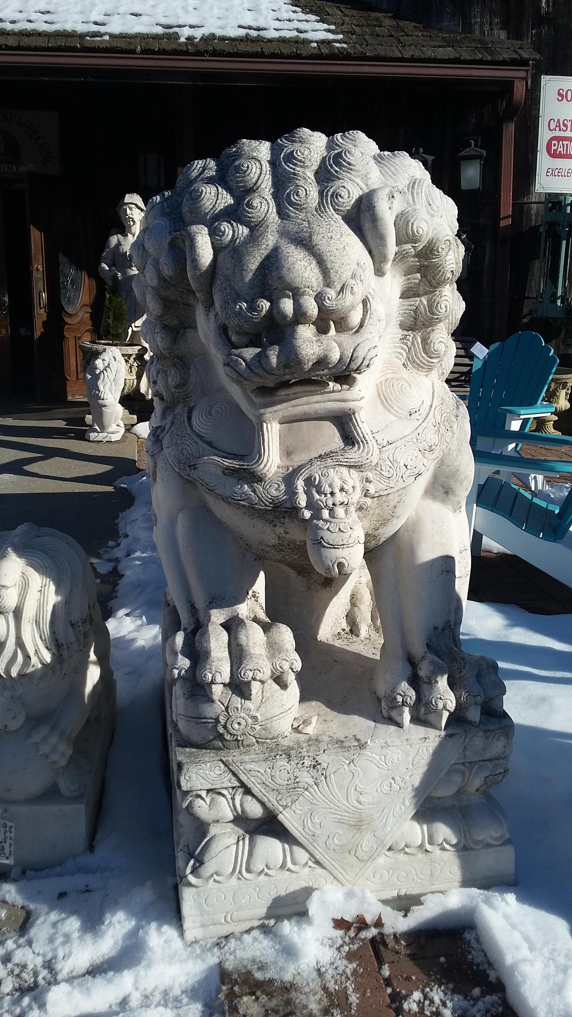 Monumental Carved Pair of Marble Foo Dogs from China For Sale 8