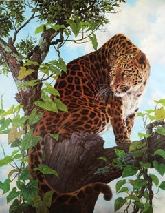Vintage Leopard in Tree, Wildlife Collotype on Canvas by Mon Han Lee