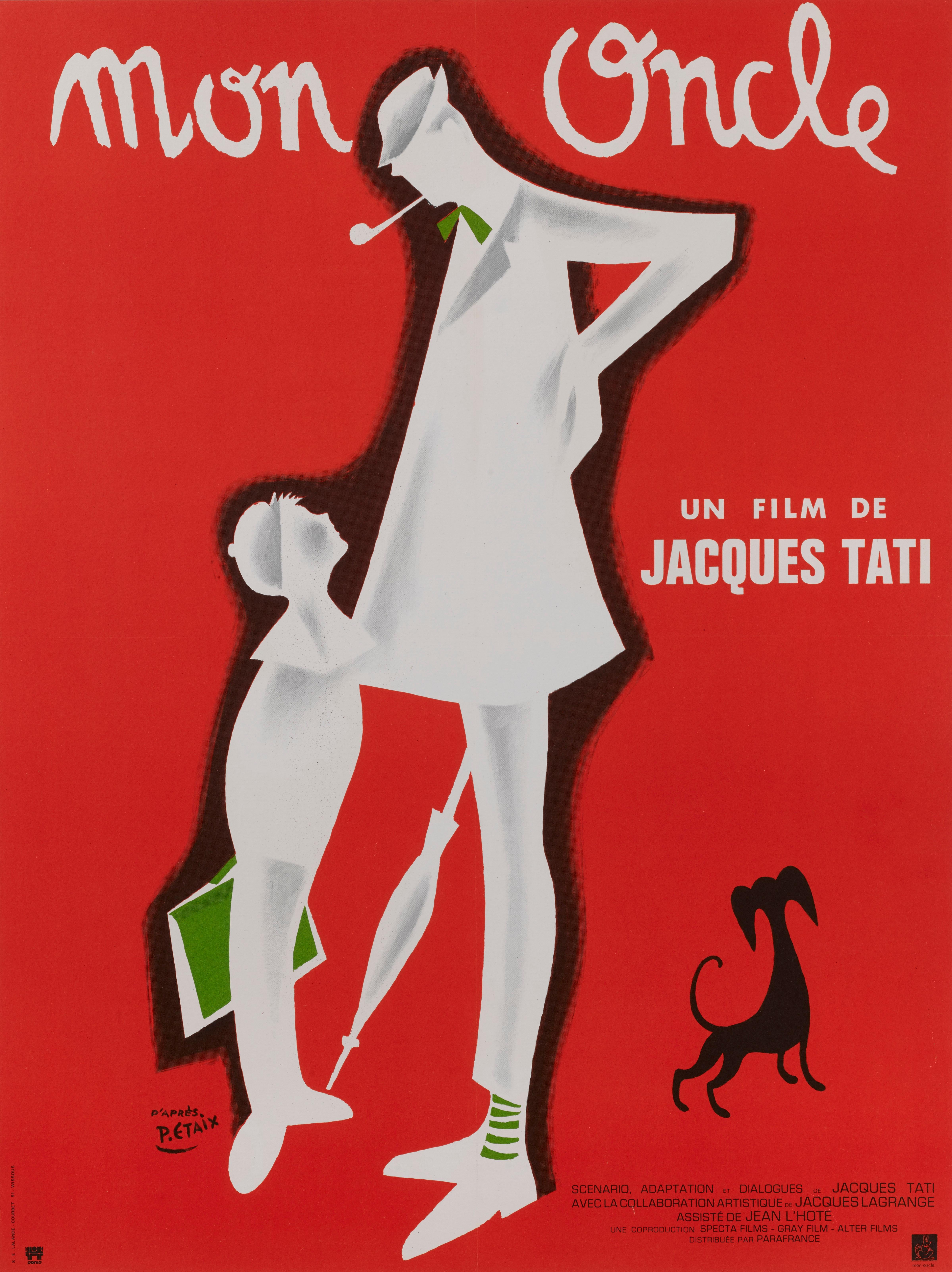 Original French movie poster for Jacques Tati's French new wave classic 1958 film. Directed and staring Jacques Tati. The artwork is by the famous French illustrator Pierre Etaix (b.1928). This poster designed was printed for the rerelease of the