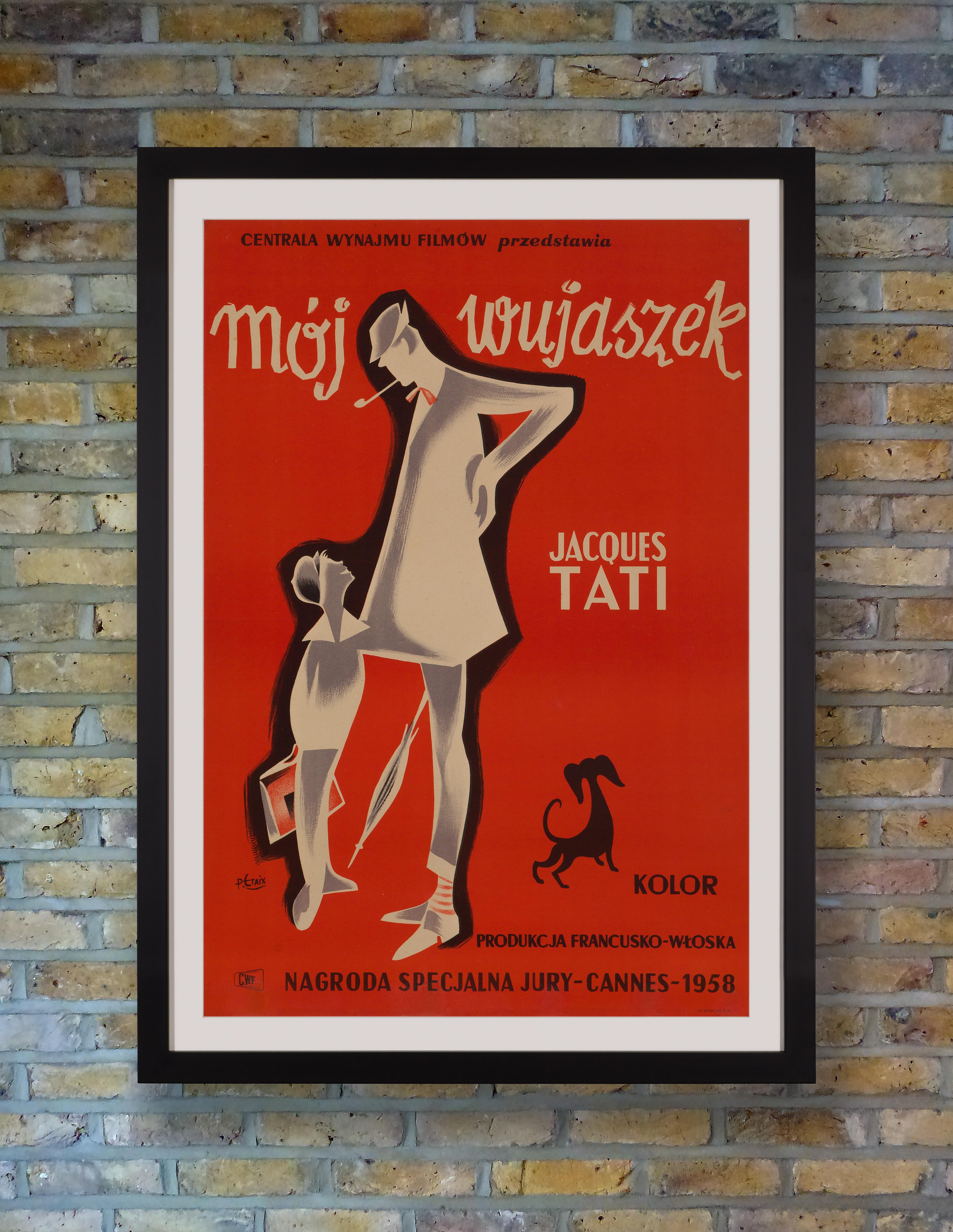 An exceptionally rare poster for the first Polish release of the 1958 Classic French slapstick comedy 'Mon Oncle,' written, directed, produced by and starring Jacques Tati as the eccentric hero Monsieur Hulot. Featuring the same superb Pierre Etaix