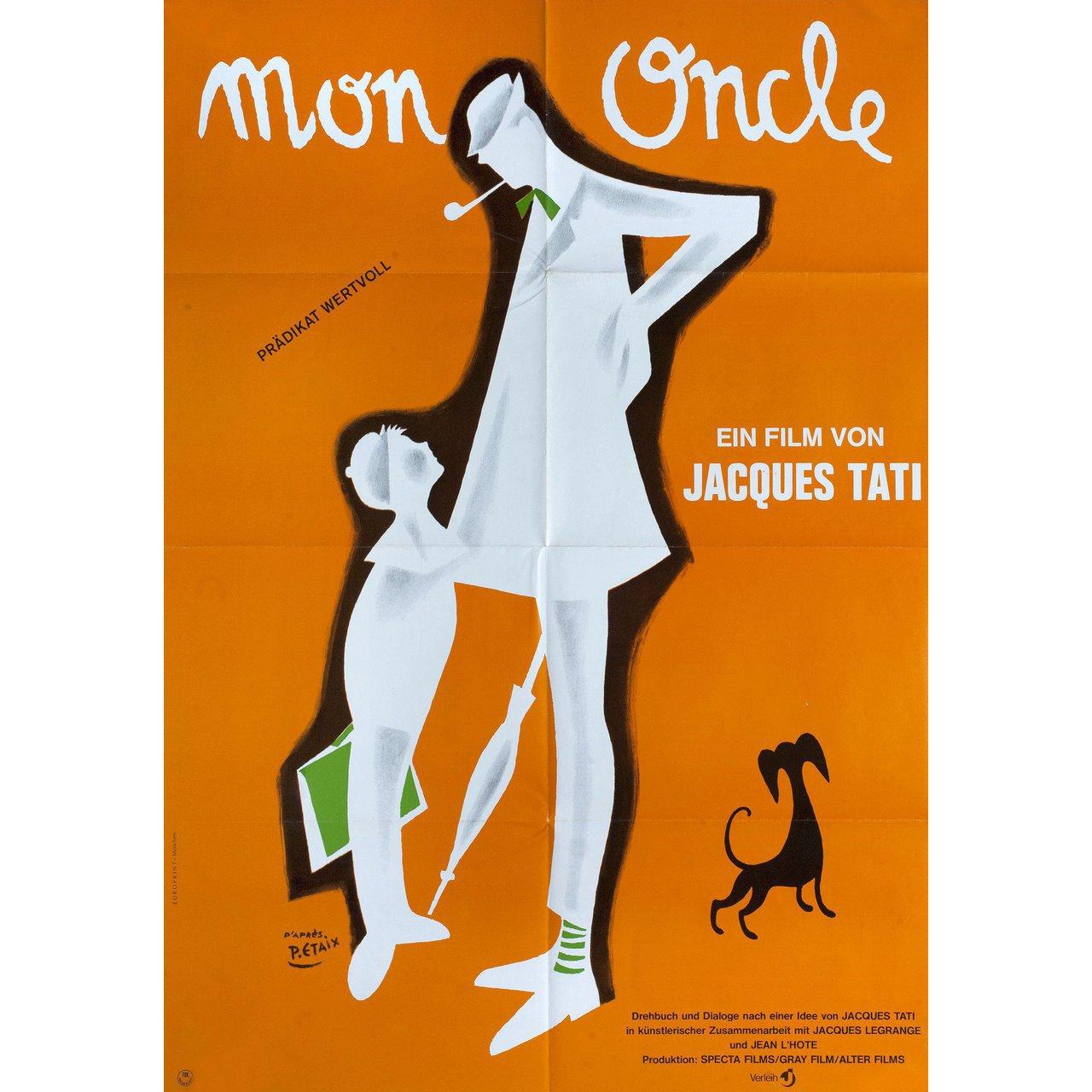 Original 1970s re-release German A1 poster by Pierre Etaix for the 1958 film Mon Oncle (My Uncle) directed by Jacques Tati with Jean-Pierre Zola / Adrienne Servantie / Lucien Fregis / Betty Schneider. Fine condition, folded. Many original posters