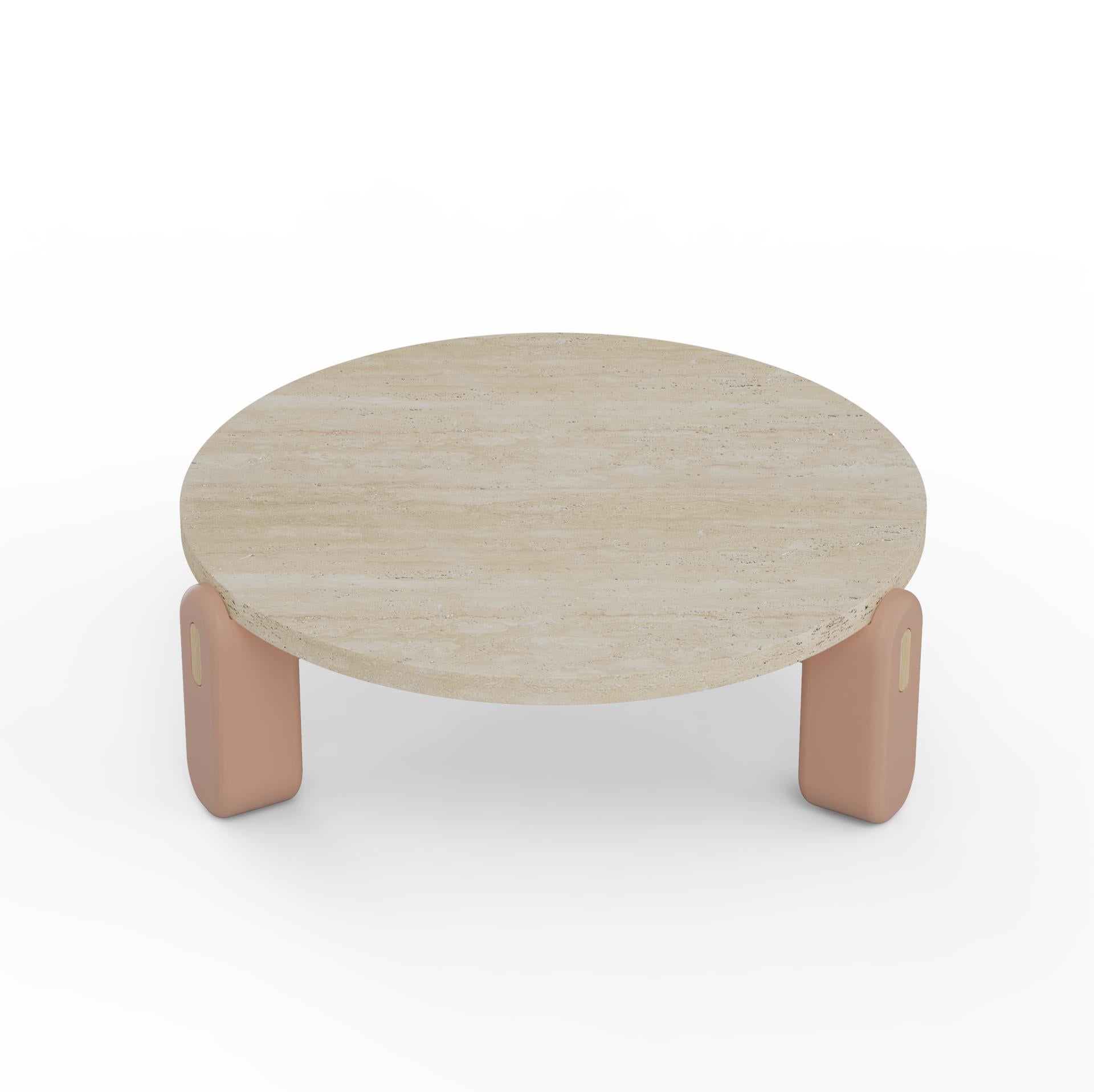 Brutalist Mona Center Table with Travertine Top, Powder Lacquered Feet and Wood Structure For Sale