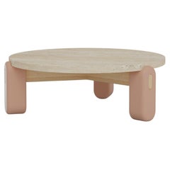Mona Center Table with Travertine Top, Lacquered Wood Feet and Wood Structure