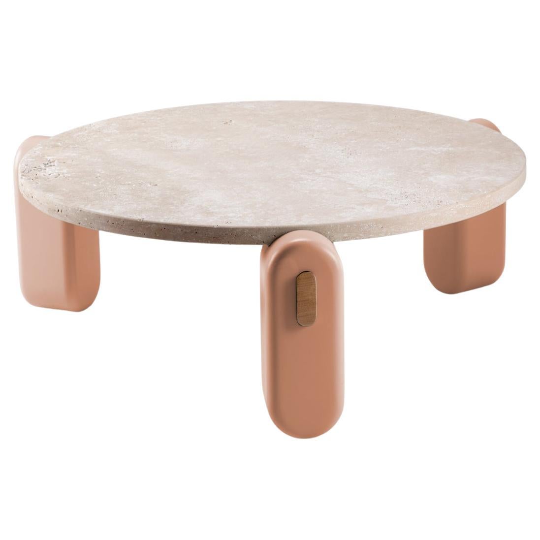 Table centrale Mona avec plateau en travertin, pieds laqués en poudre et structure en bois
