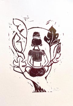 Couverture Me In Sunshine (2022), linogravure sur papier, rouge foncé, femme, soleil, plante, palmier