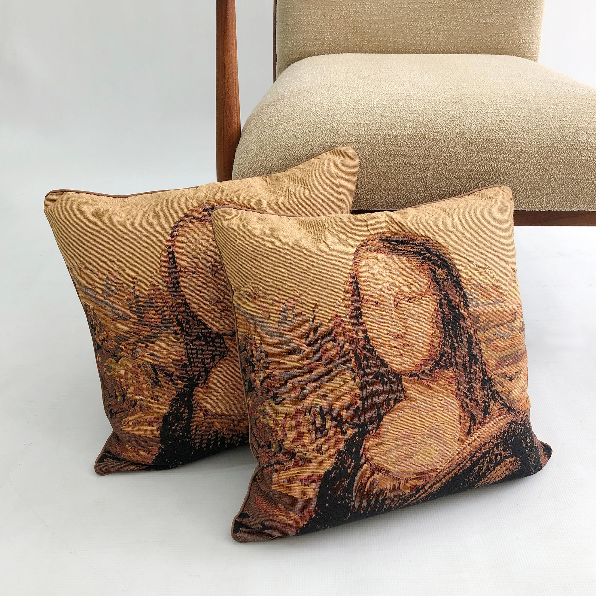 Hand-Crafted Mona Lisa Cushions Louvre 1970s 1980s Da Vinci Art Bed Sofa Armchair Boho Decor  For Sale