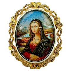 Mona Lisa Style Portrait Pendant/Brooch in 18K Yellow Gold with Diamond Accents