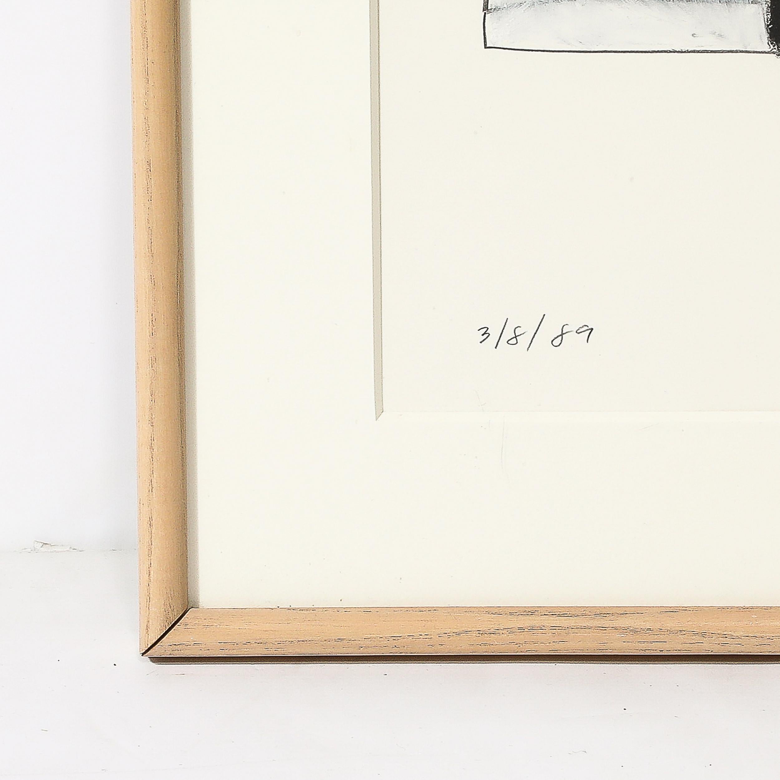 This graphic Mid-Century Modernist Abstract Lithograph in White and Black Signed Mona Mark originates from the United States, C. 1989. This piece features a square compsition of a loosely rendered geometric abstraction, a black t-shaped curvalinear