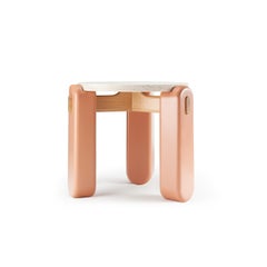 Mona Side Table with Travertine Top, Jade Lacquered Feet and Wood Structure