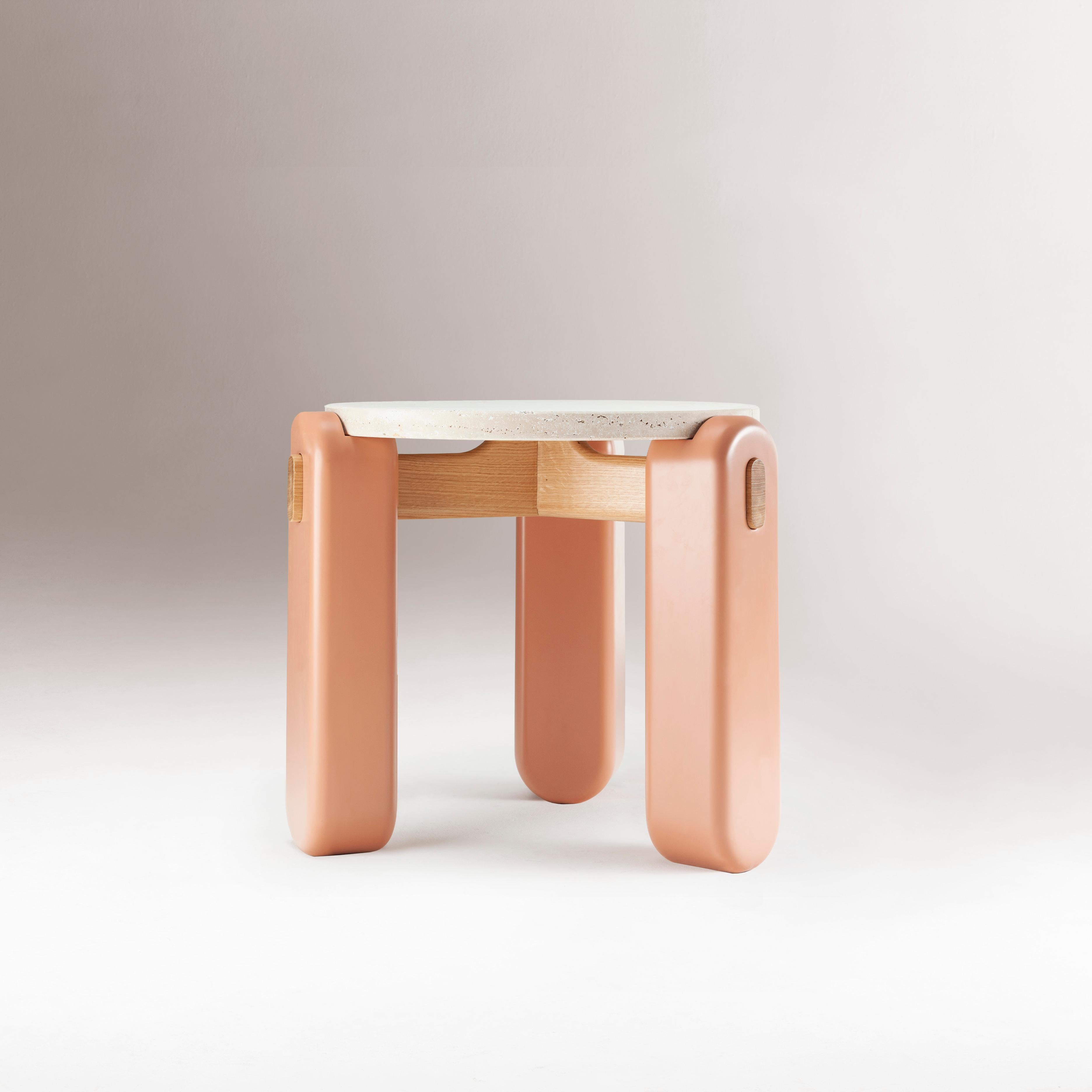 Brutalist Mona Side Table with Travertine Top, Powder Lacquered Feet and Wood Structure For Sale