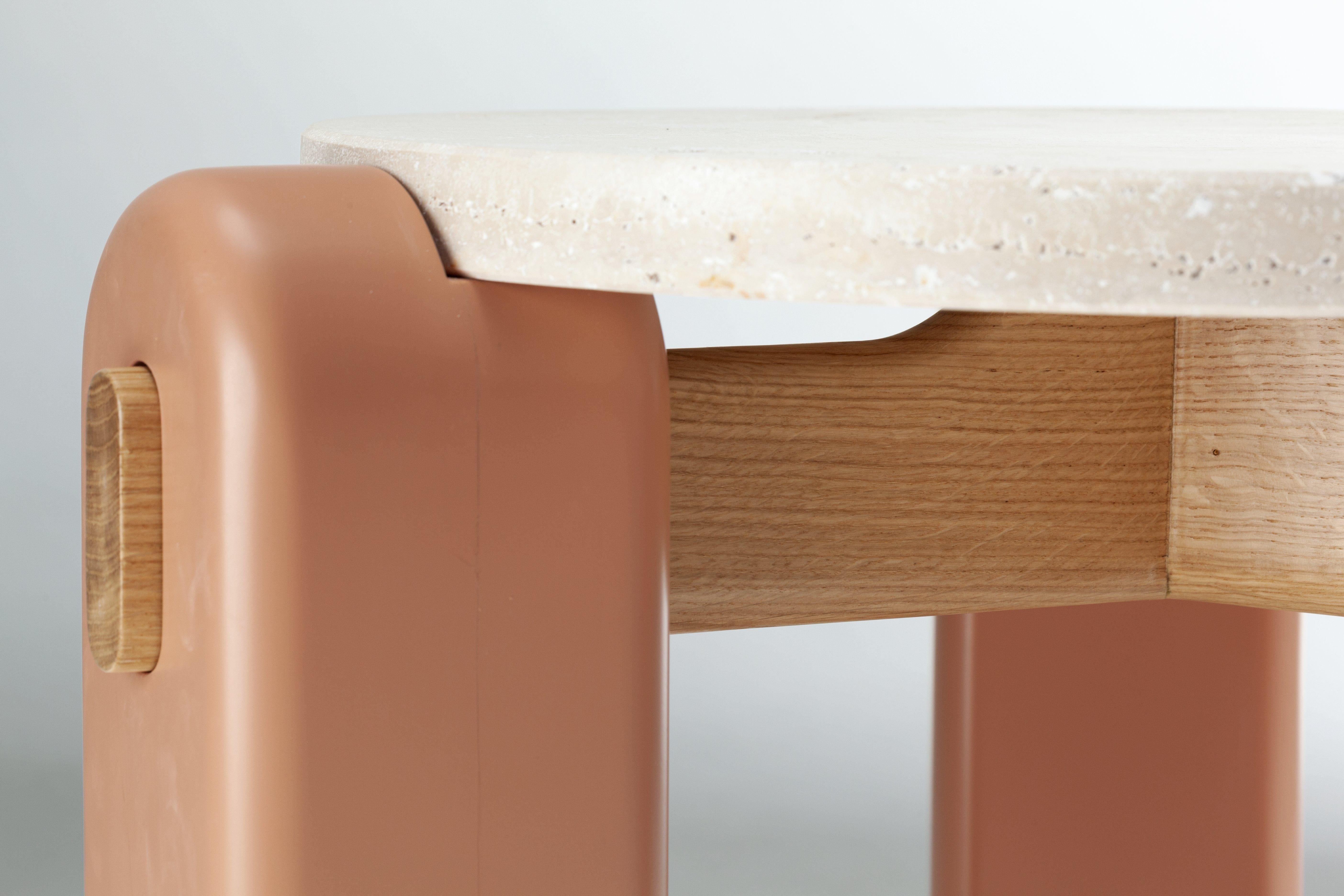 Portuguese Mona Side Table with Travertine Top, Powder Lacquered Feet and Wood Structure For Sale
