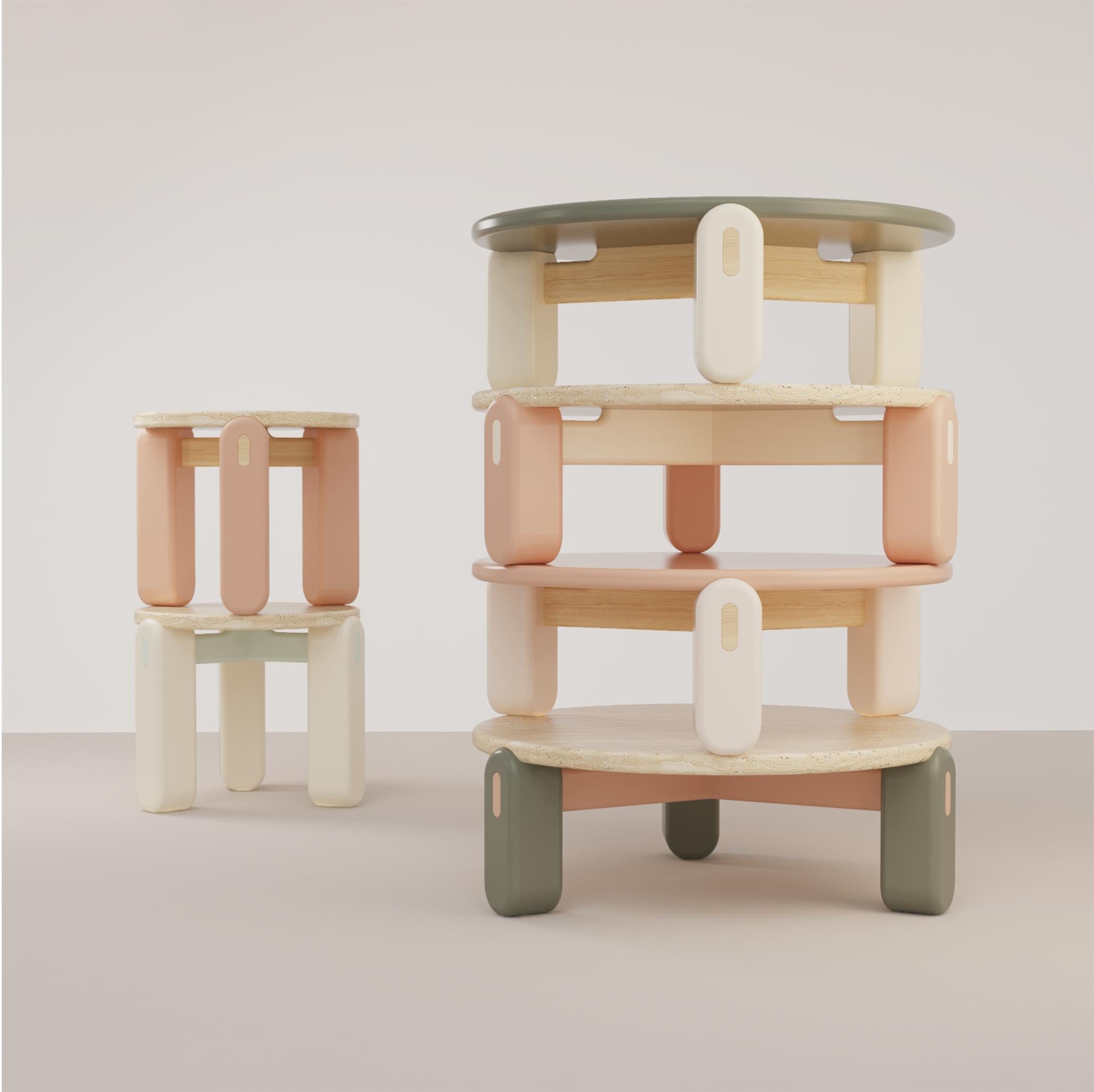 Polished Mona Side Table with Travertine Top, Powder Lacquered Feet and Wood Structure For Sale