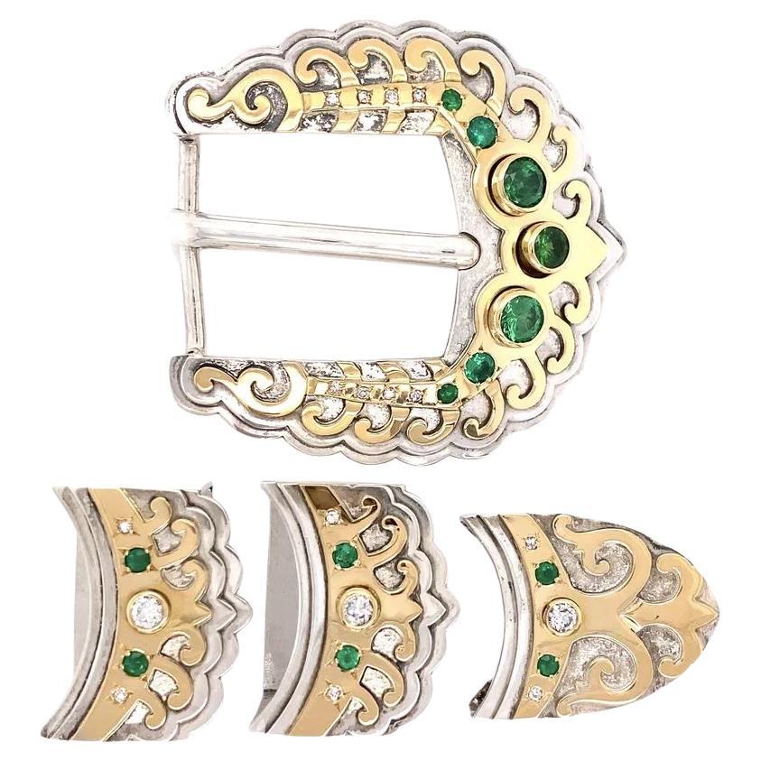 Mona Van Riper Designer Tsavorite e diamanti Set di fibbie in oro e argento da 4 pezzi in vendita