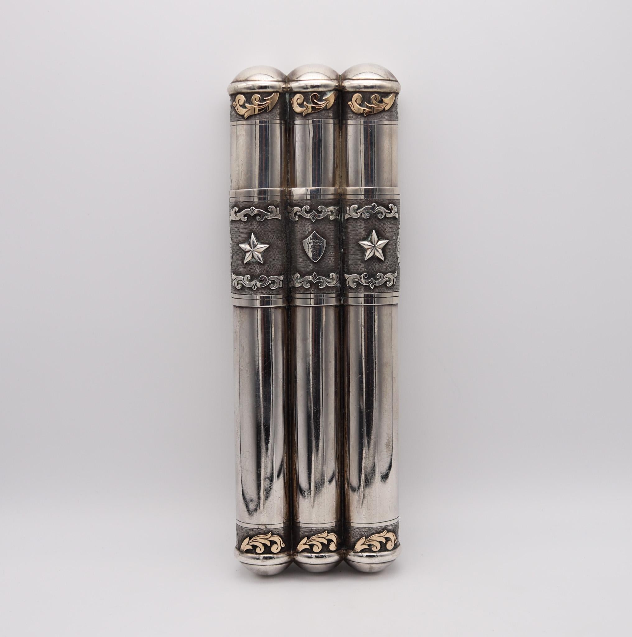 American Mona Van Riper Triple Churchill Cigar Box Case in 14k Gold and Sterling Silver