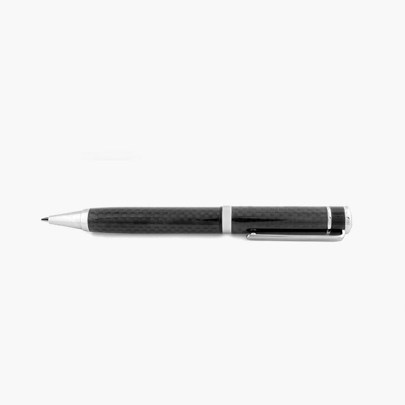 Monaco ball point pen with carbon fibre effect resin in sterling silver

The body of the pen features a resin finish creating a carbon fibre effect with a Tateossian signature logo wrapped around the base of the lid. Set in rhodium plated sterling