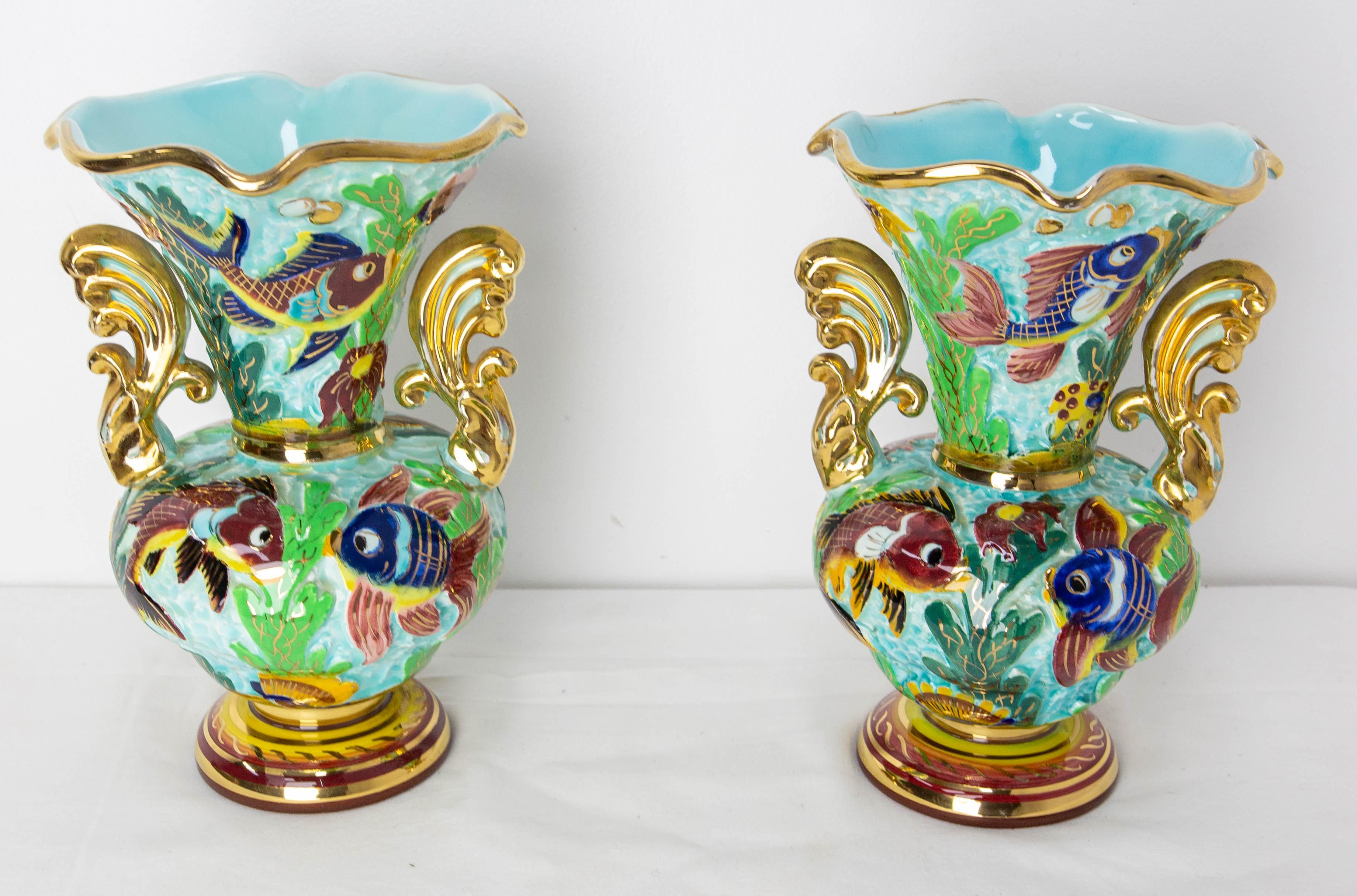 Cérart Monaco Keramik Paar Vasen mit Meer Dekoration Mid-Century Französisch (Moderne der Mitte des Jahrhunderts) im Angebot
