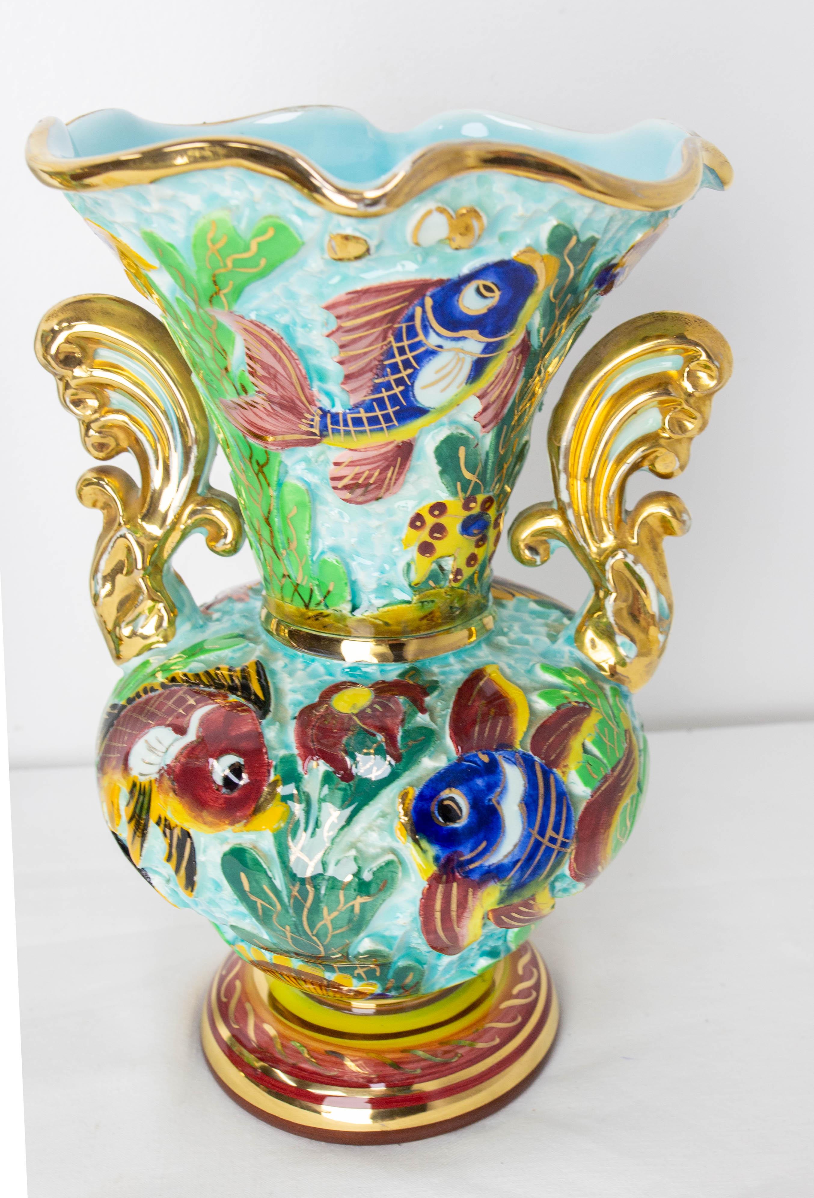 Cérart Monaco Keramik Paar Vasen mit Meer Dekoration Mid-Century Französisch im Zustand „Gut“ im Angebot in Labrit, Landes
