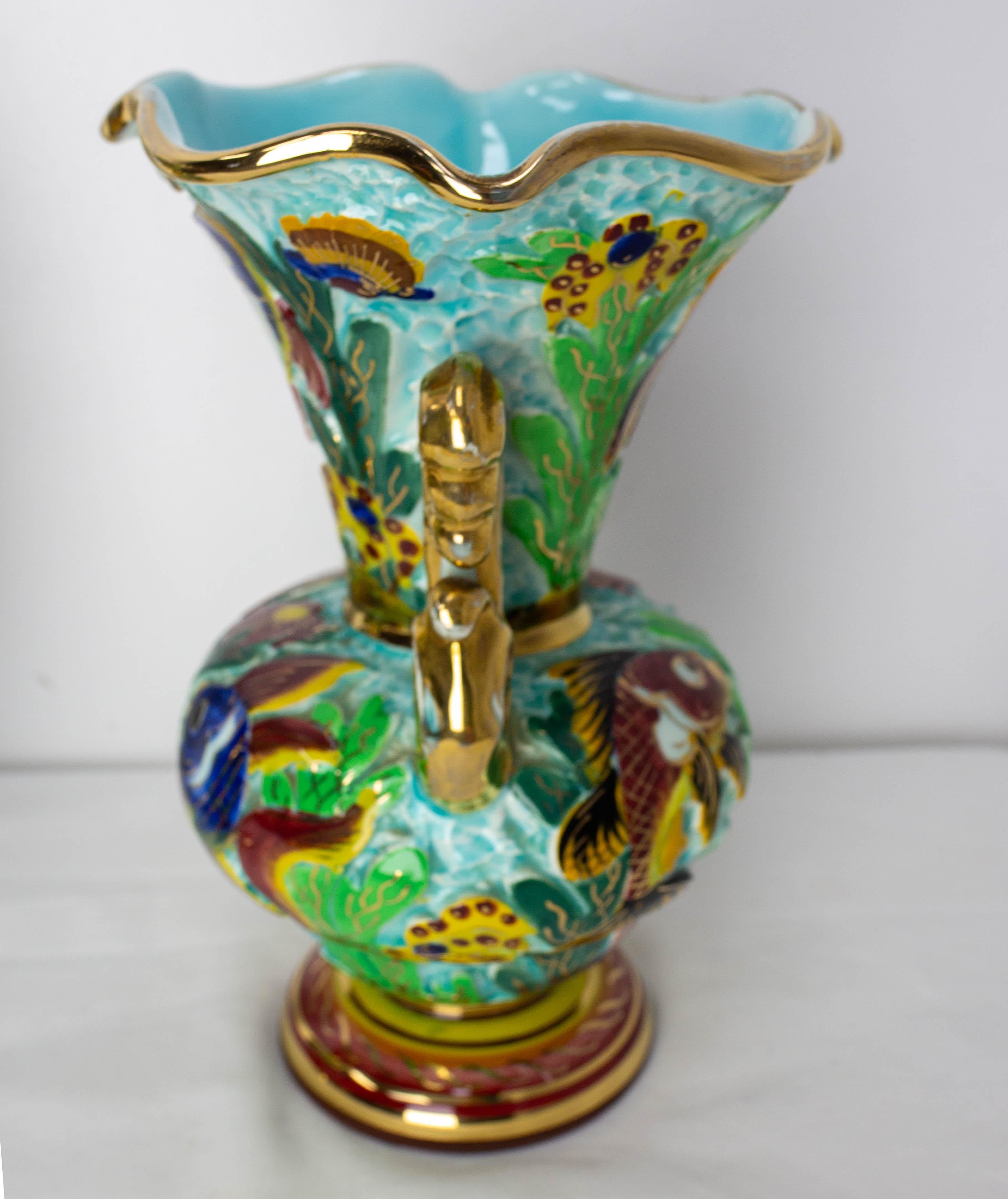 Mid-Century Modern Cerazur Monaco Ceramic Pair of Vases with Sea Decoration Mid-Century French For Sale