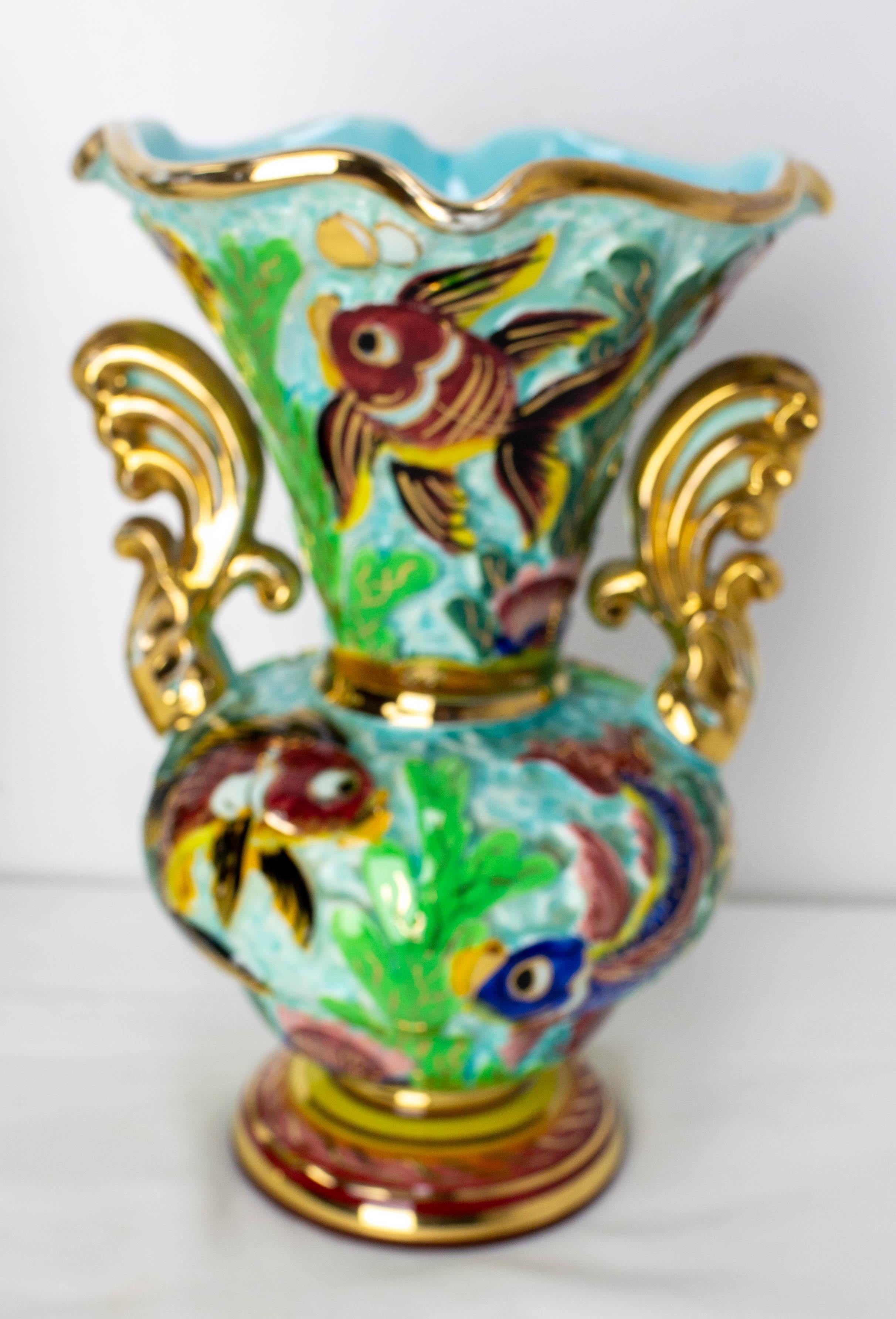 Mid-Century Modern Paire de vases en céramique Cérart Monaco avec décor marin France du milieu du siècle dernier en vente