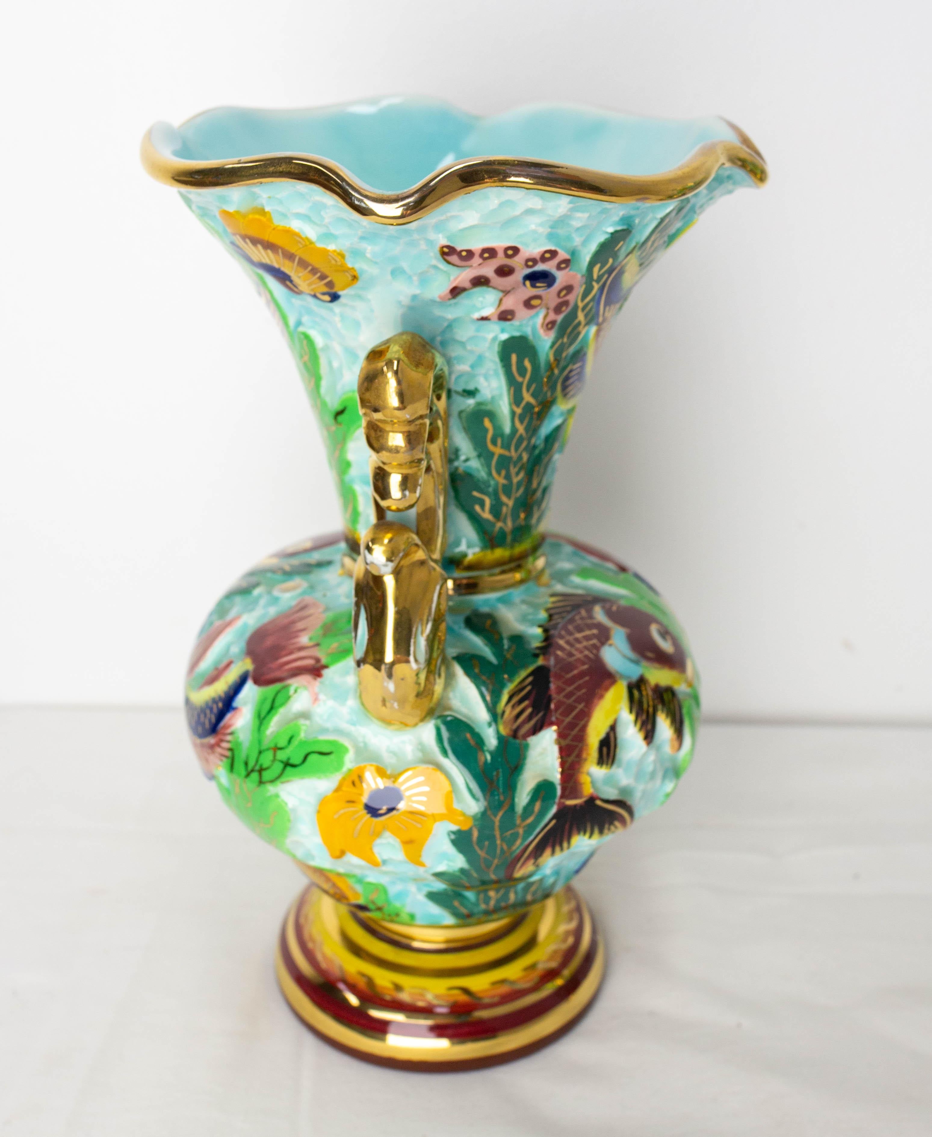 Paire de vases en céramique Cérart Monaco avec décor marin France du milieu du siècle dernier Bon état - En vente à Labrit, Landes