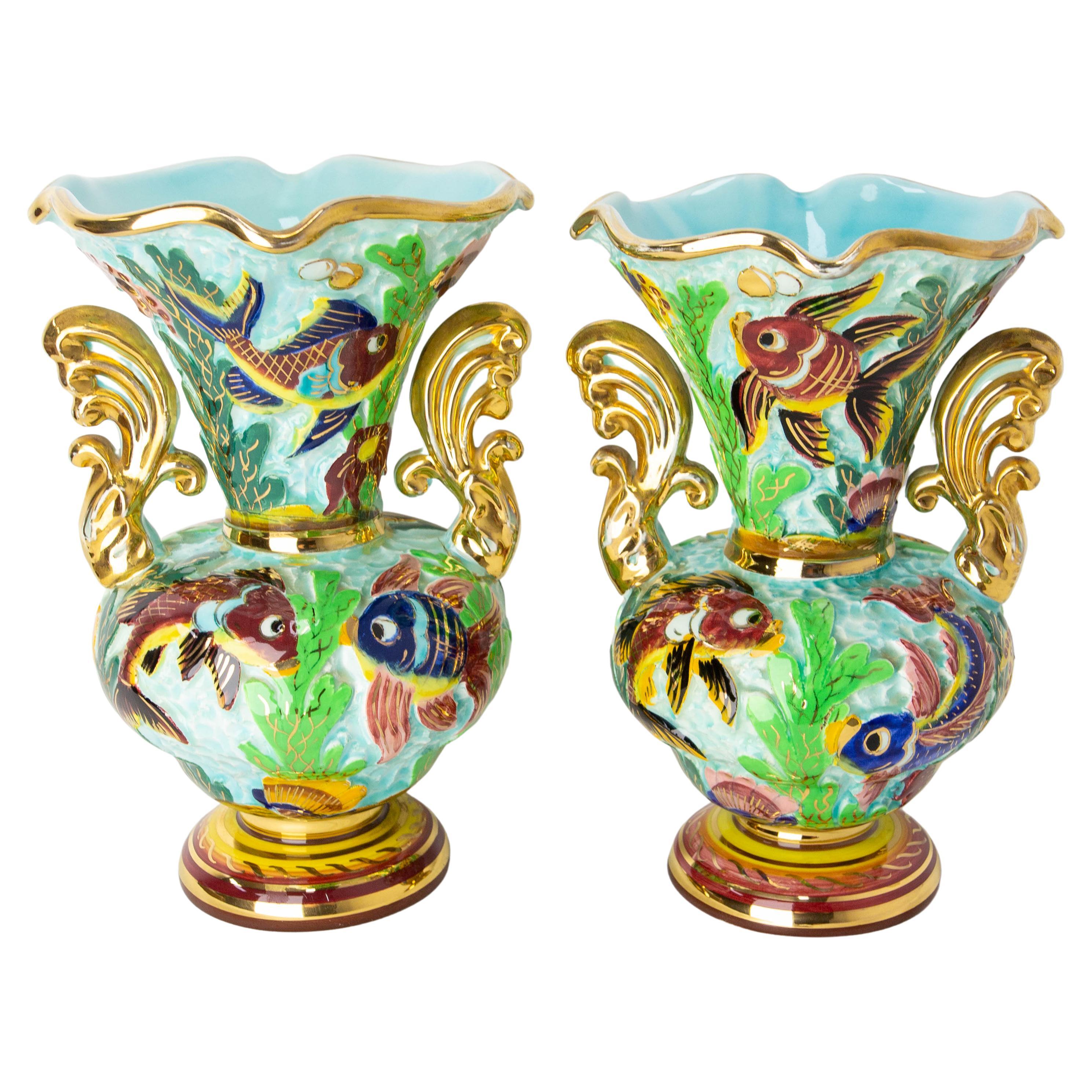 Paire de vases en céramique Cérart Monaco avec décor marin France du milieu du siècle dernier