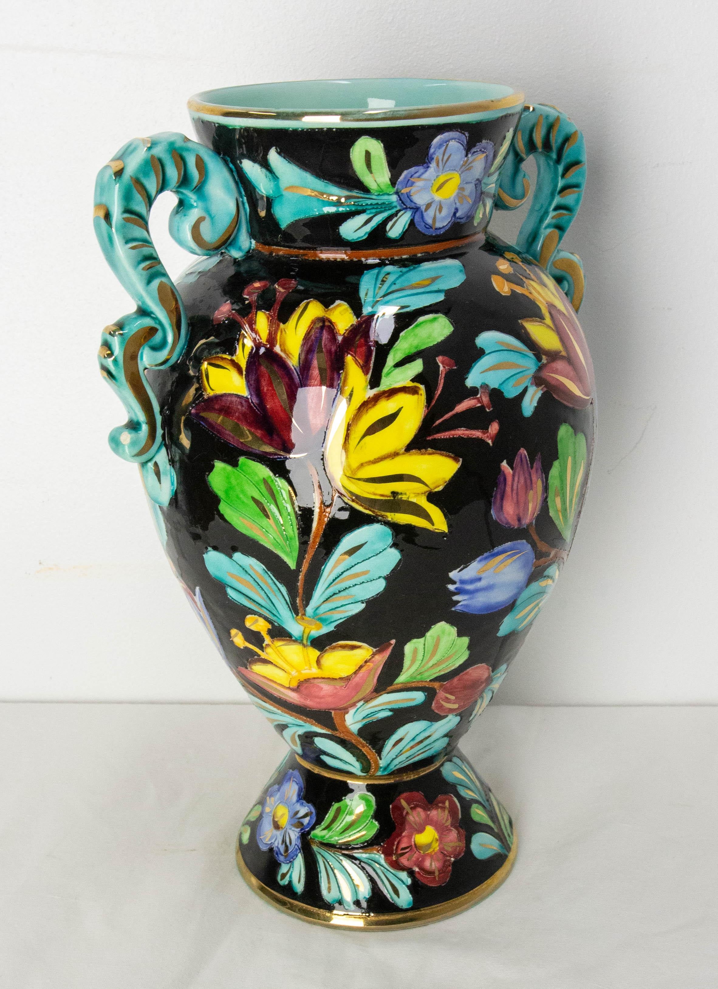 20th Century Monaco Ceramic Vase Floral Decoration Mid-Century Signed Cérart Monaco French For Sale