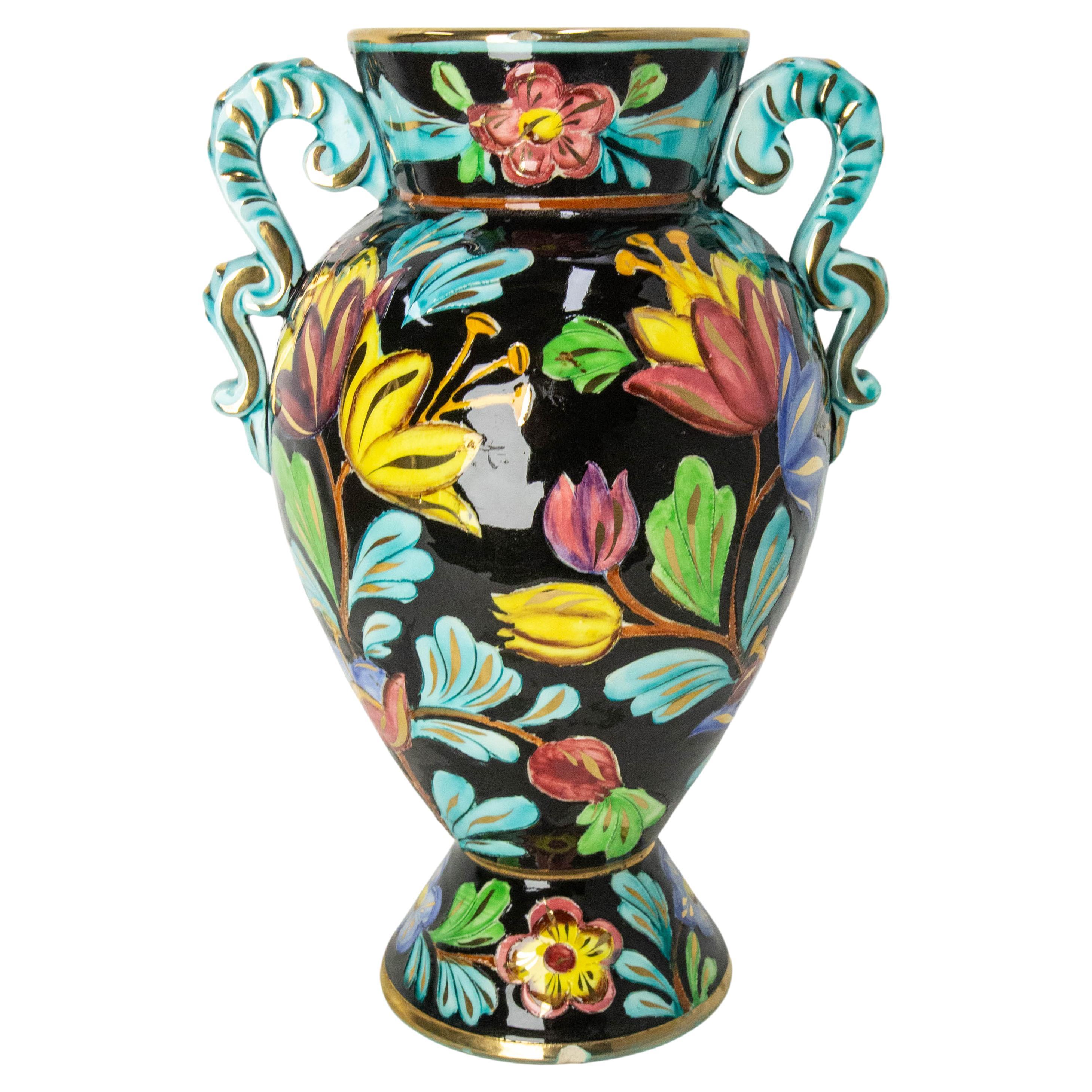 Monaco Ceramic Vase Floral Decoration Mid-Century Signed Cérart Monaco French For Sale