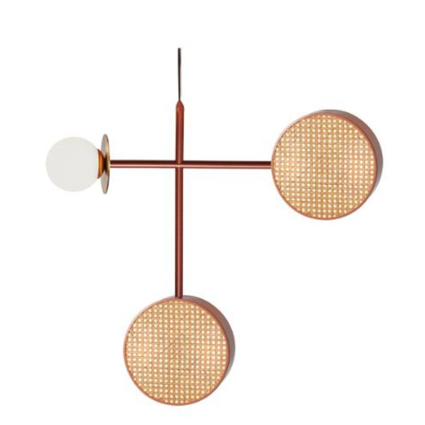 Monaco I suspension lamp by Dooq
Dimensions: W 102 x D 27 x H 70 cm
Materials: lacquered metal, brass/nickel, rattan and wood spheres.

Information:
230V/50Hz
5 x max. G9
4W LED

120V/60Hz
5 x max. G9
4W LED

Cable: 59”/1,5m

All our lamps can be