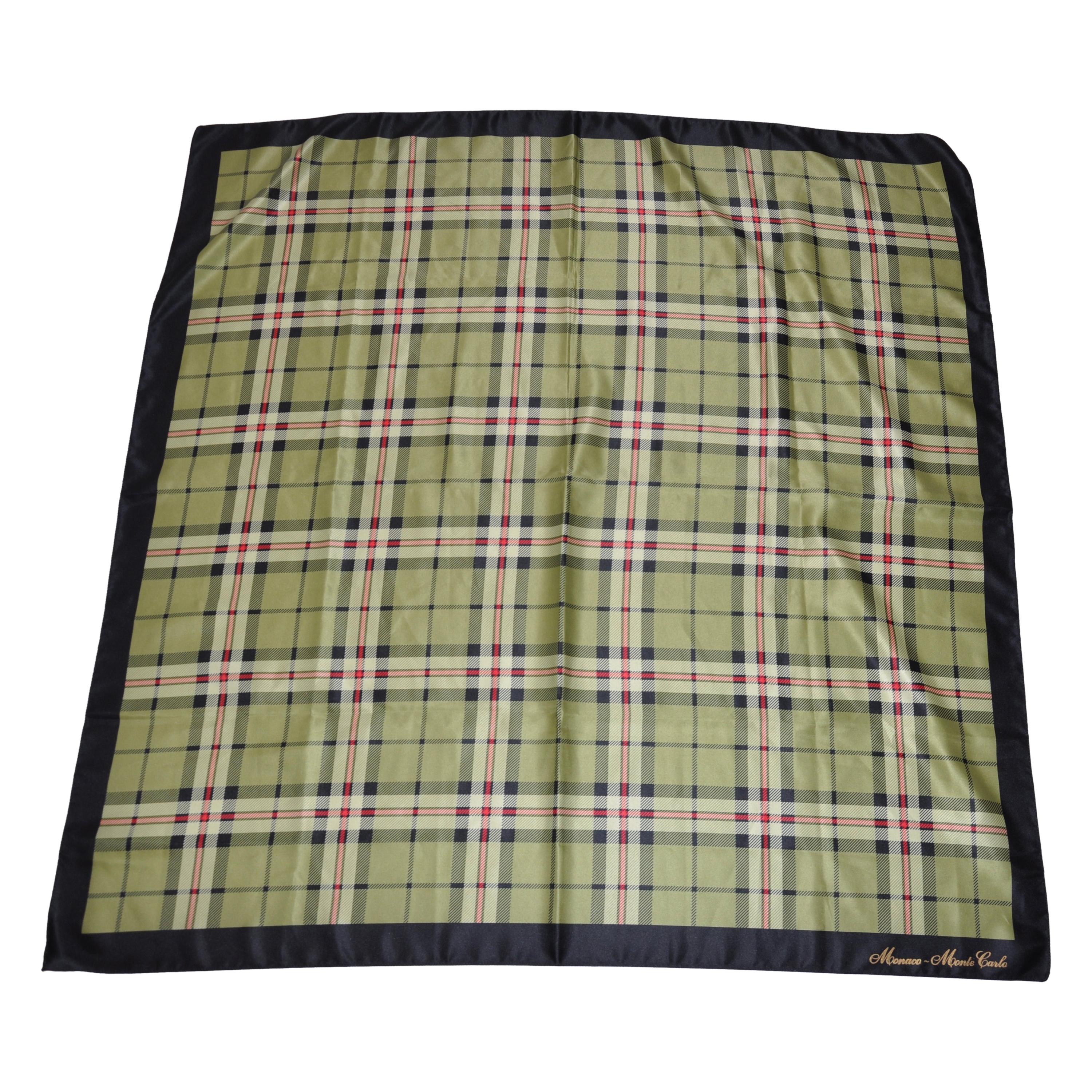 Monaco - Monte Carlo "Shades of Olive Plaids With Black Border Scarf For Sale