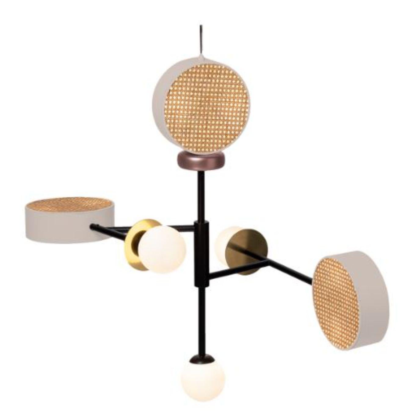 Monaco Suspension lamp by Dooq
Dimensions: W 100 x D 73 x H 106 cm
Structure: lacquered metal / detail: lacquered wood.
Globes: glass.
Light cylinders: lacquered metal, natural rattan.
Circles: polished or satin brass or nickel.

Light source