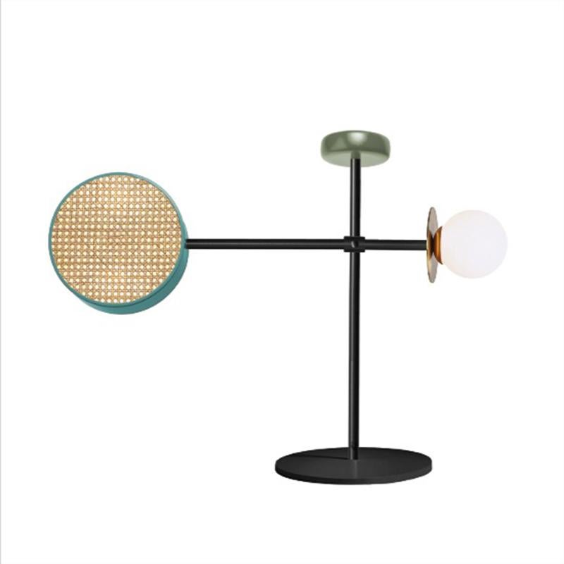 Powder-Coated Art Deco inspired Monaco Table II Lamp Moss, Salmon, Brass and Rattan For Sale