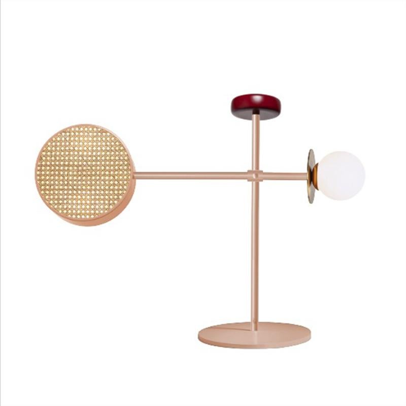 Contemporary Art Deco inspired Monaco Table II Lamp Moss, Salmon, Brass and Rattan For Sale