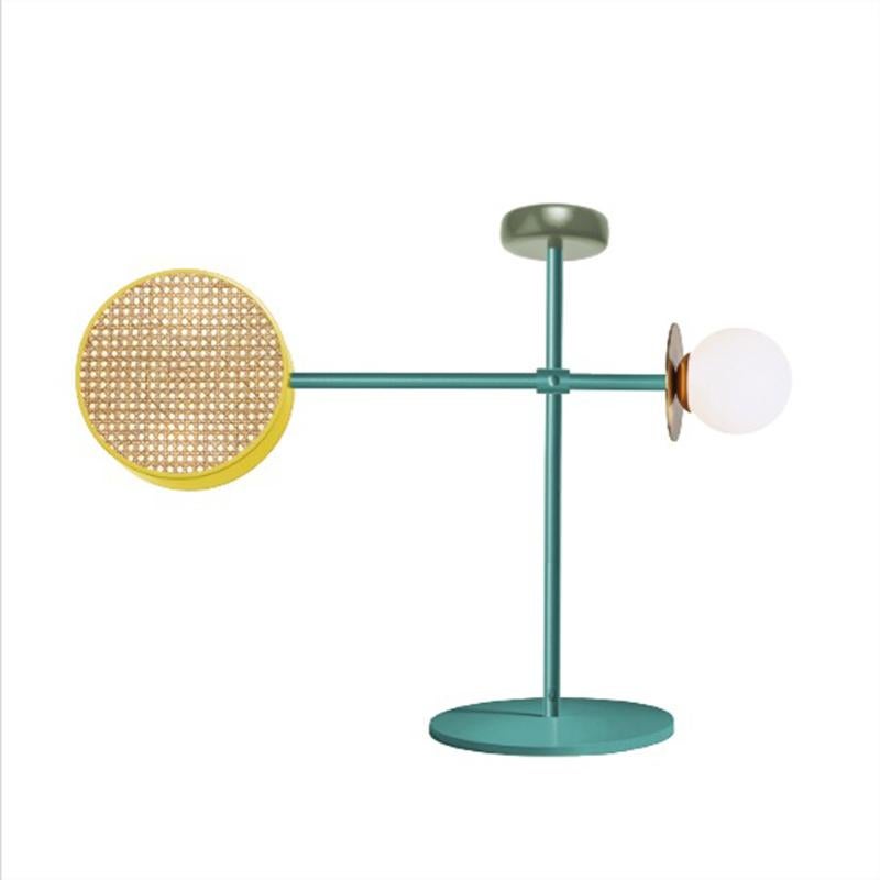 Glass Art Deco inspired Monaco Table II Lamp Moss, Salmon, Brass and Rattan For Sale