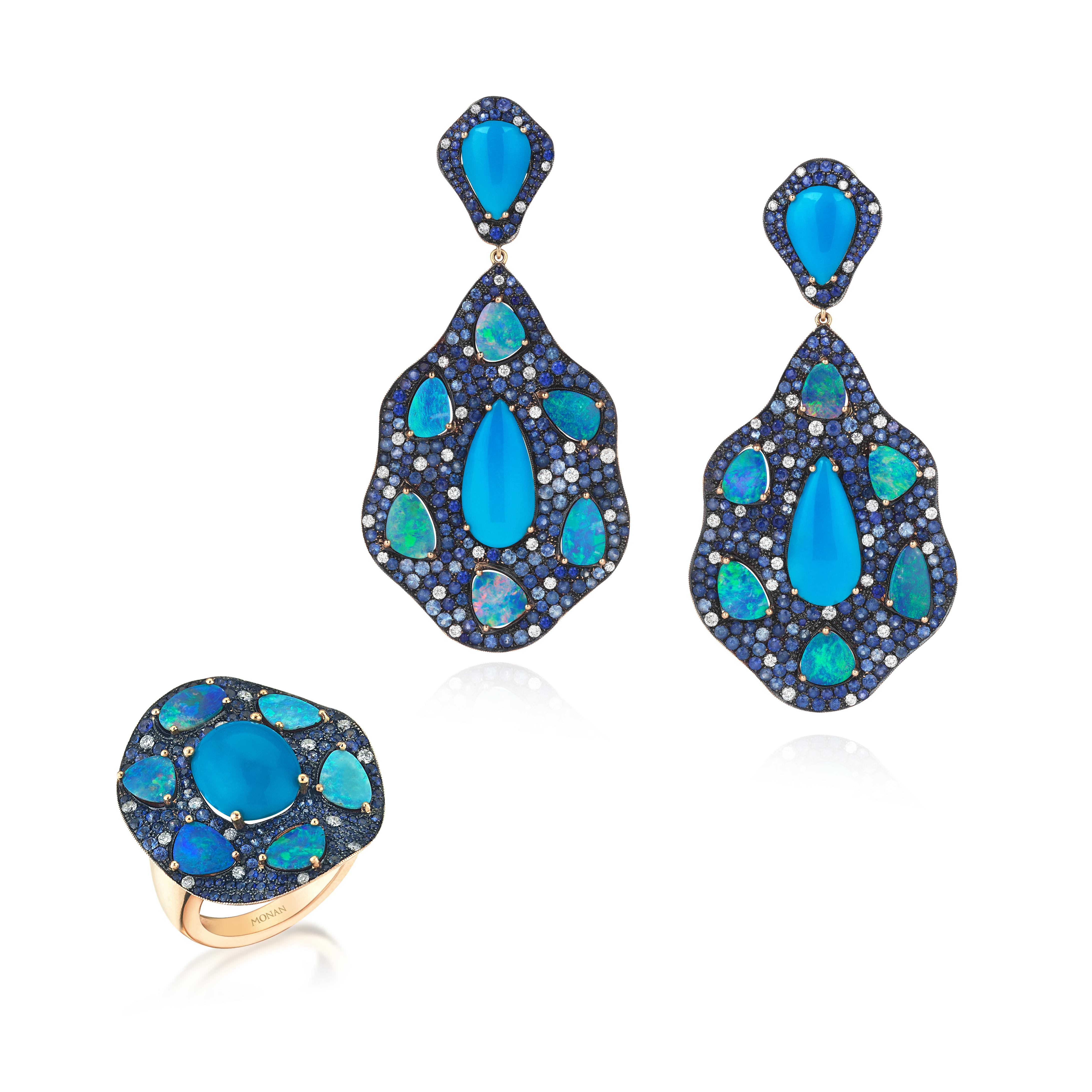 18 Karat yellow gold 'Blue Ocean Earrings' from Ode to Colours Collection created by Monan set with 12.48 carats of a turquoise, 8.86 carats of black opals, 1.14 carats of brilliant cut diamonds and  blue sapphires with the total weight of 10,25