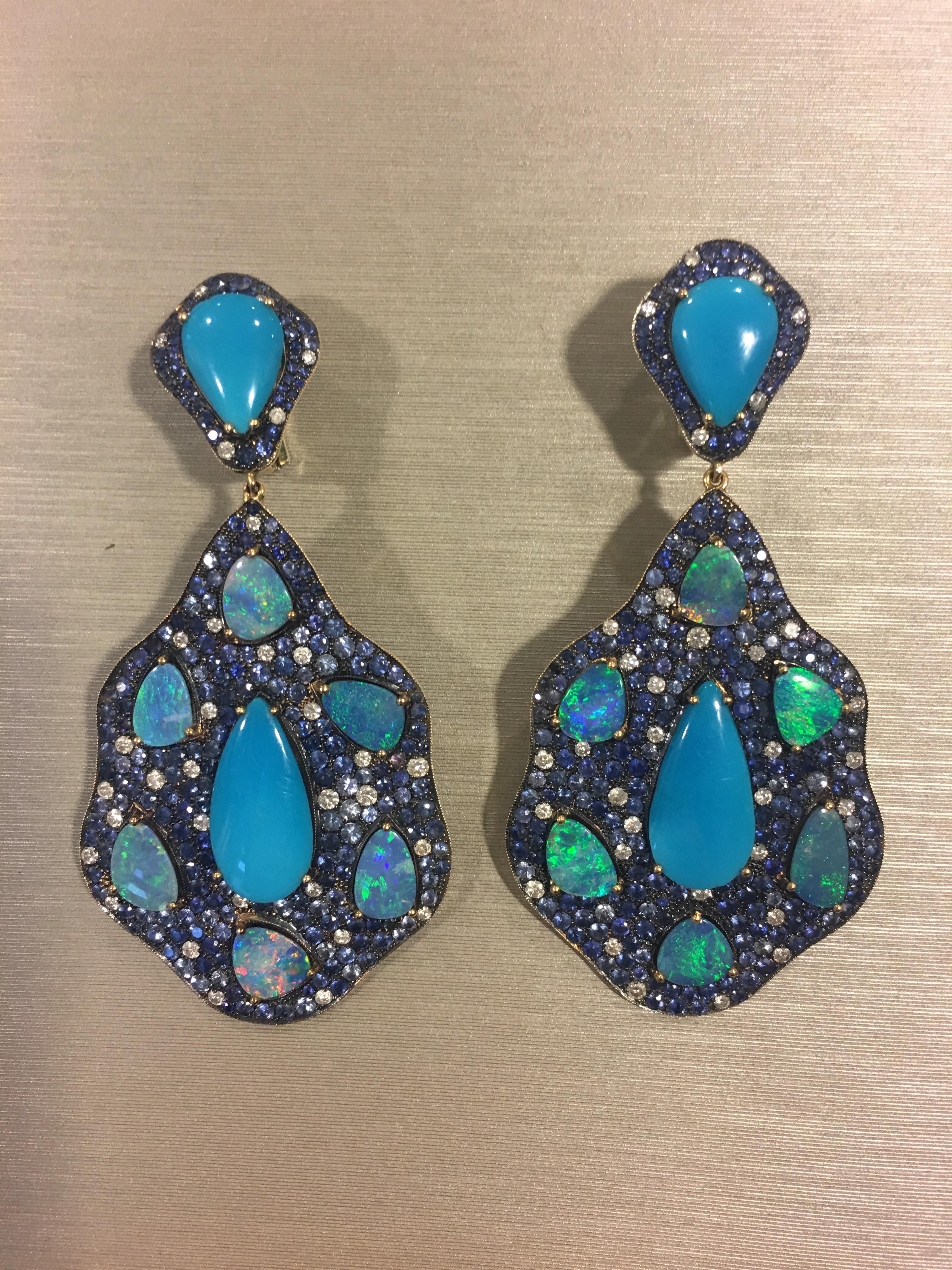 Contemporary Monan 12.48 Carat Turquoise, 8.86 Carat Opal and Sapphire Diamond Earrings