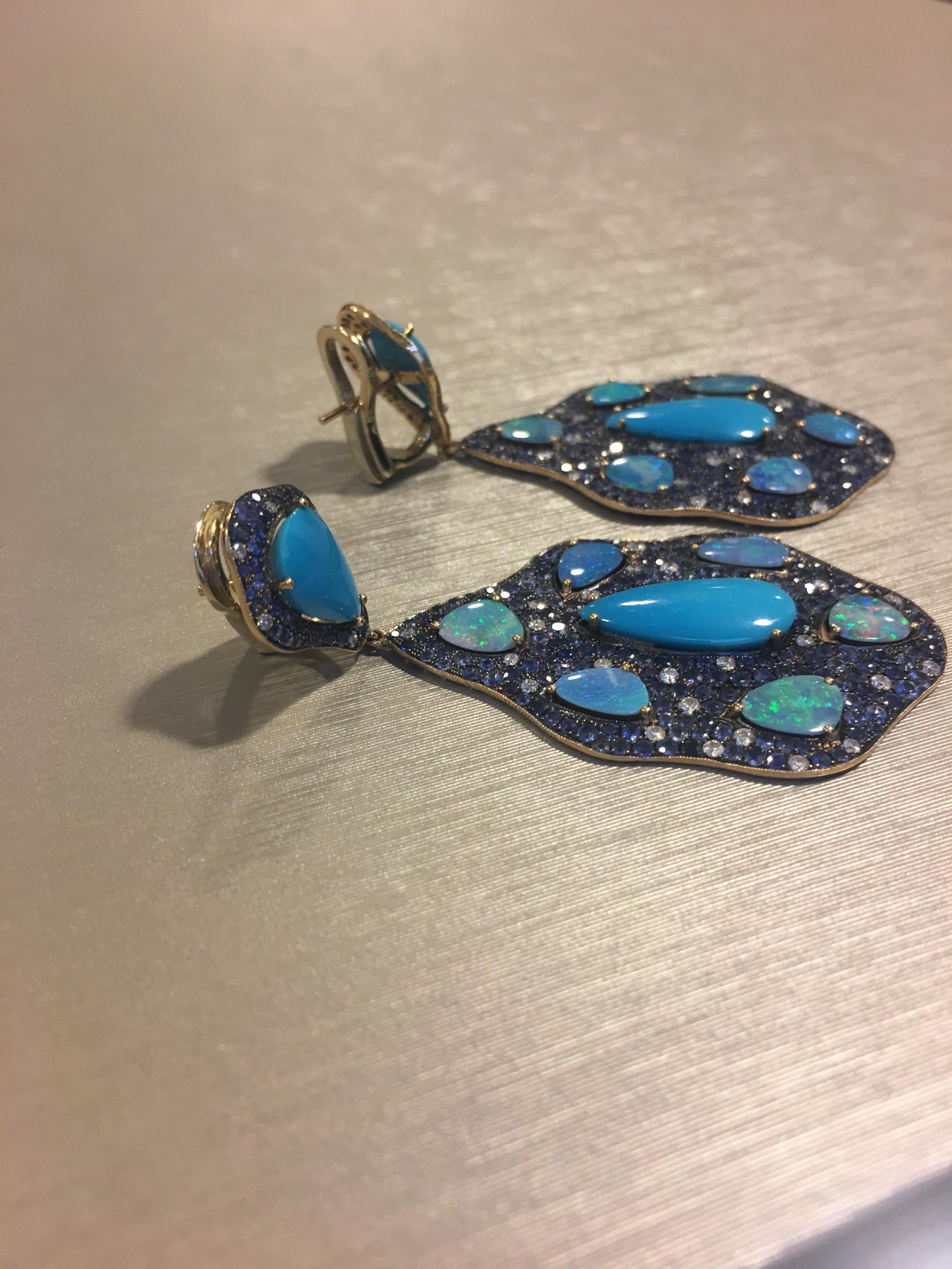 Round Cut Monan 12.48 Carat Turquoise, 8.86 Carat Opal and Sapphire Diamond Earrings