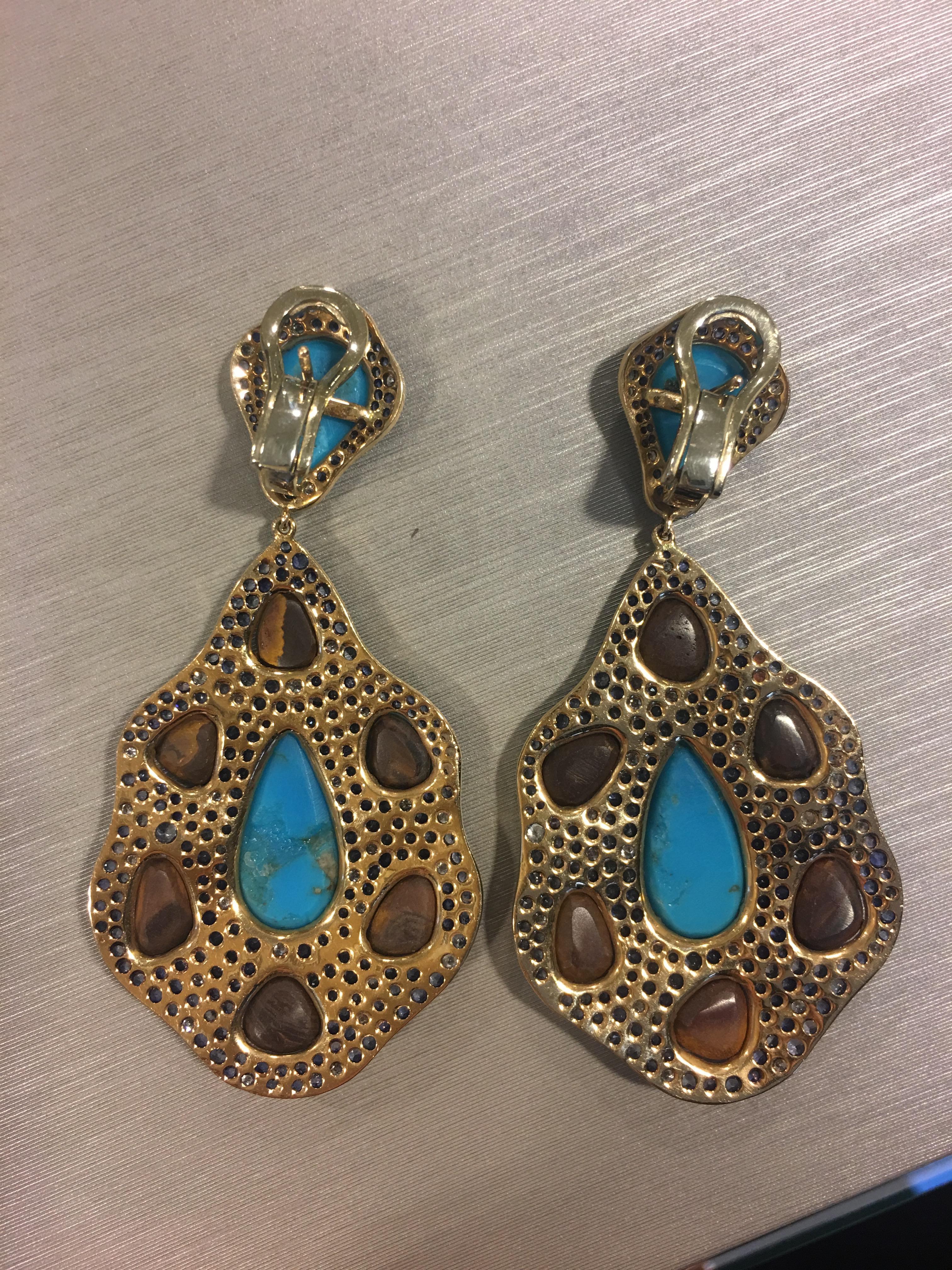 Monan 12.48 Carat Turquoise, 8.86 Carat Opal and Sapphire Diamond Earrings In New Condition In Istanbul, TR