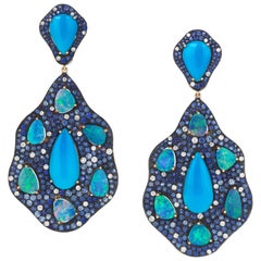 Monan 12.48 Carat Turquoise, 8.86 Carat Opal and Sapphire Diamond Earrings