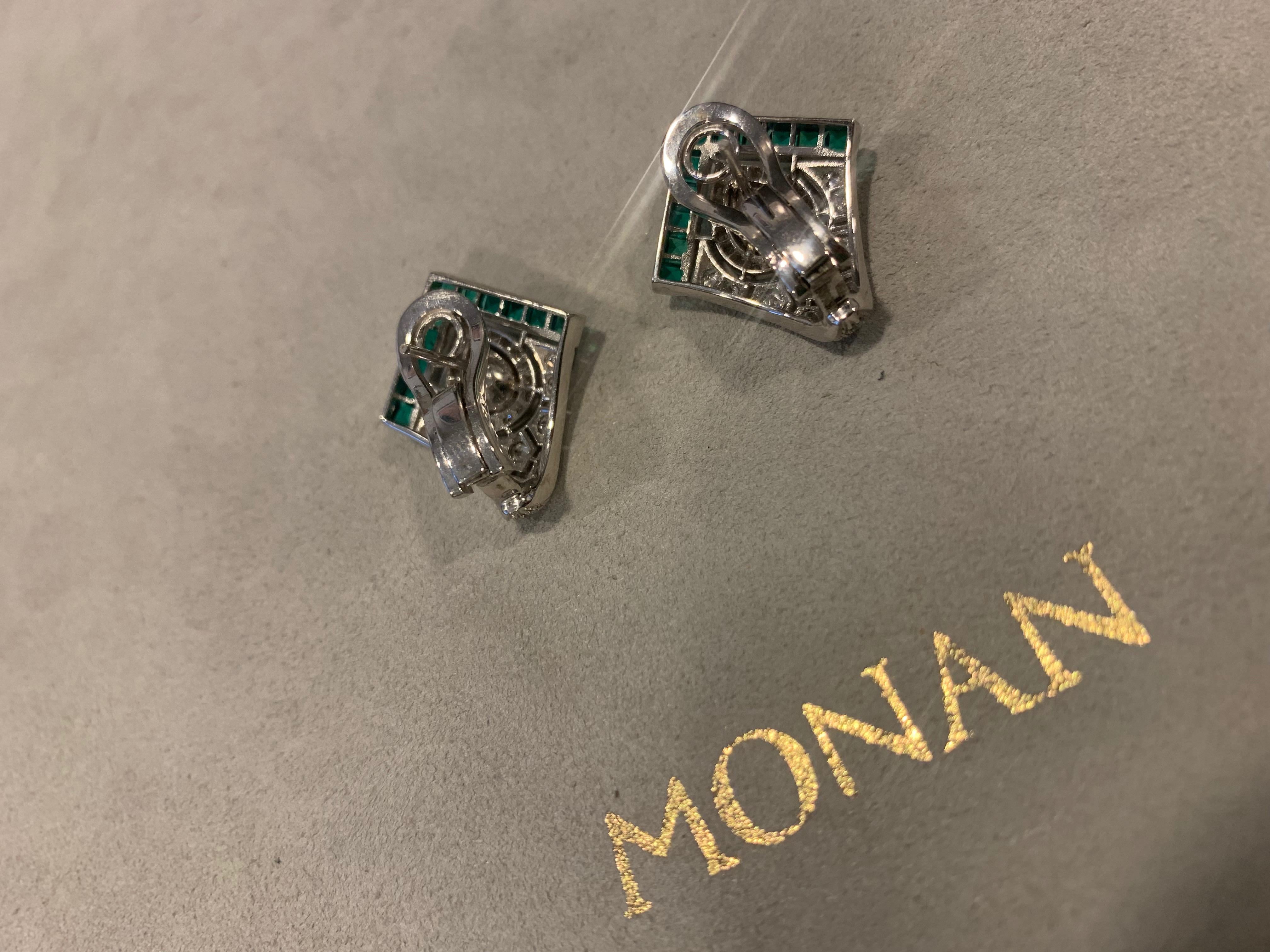 Rose Cut Monan 1.68 Carat Diamond and 1.22 Carat Emerald Art Deco Style Earrings For Sale