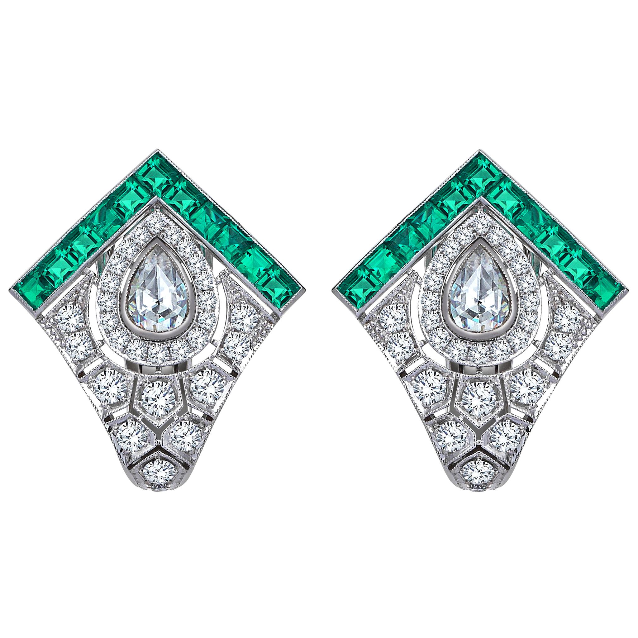 Monan 1.68 Carat Diamond and 1.22 Carat Emerald Art Deco Style Earrings For Sale