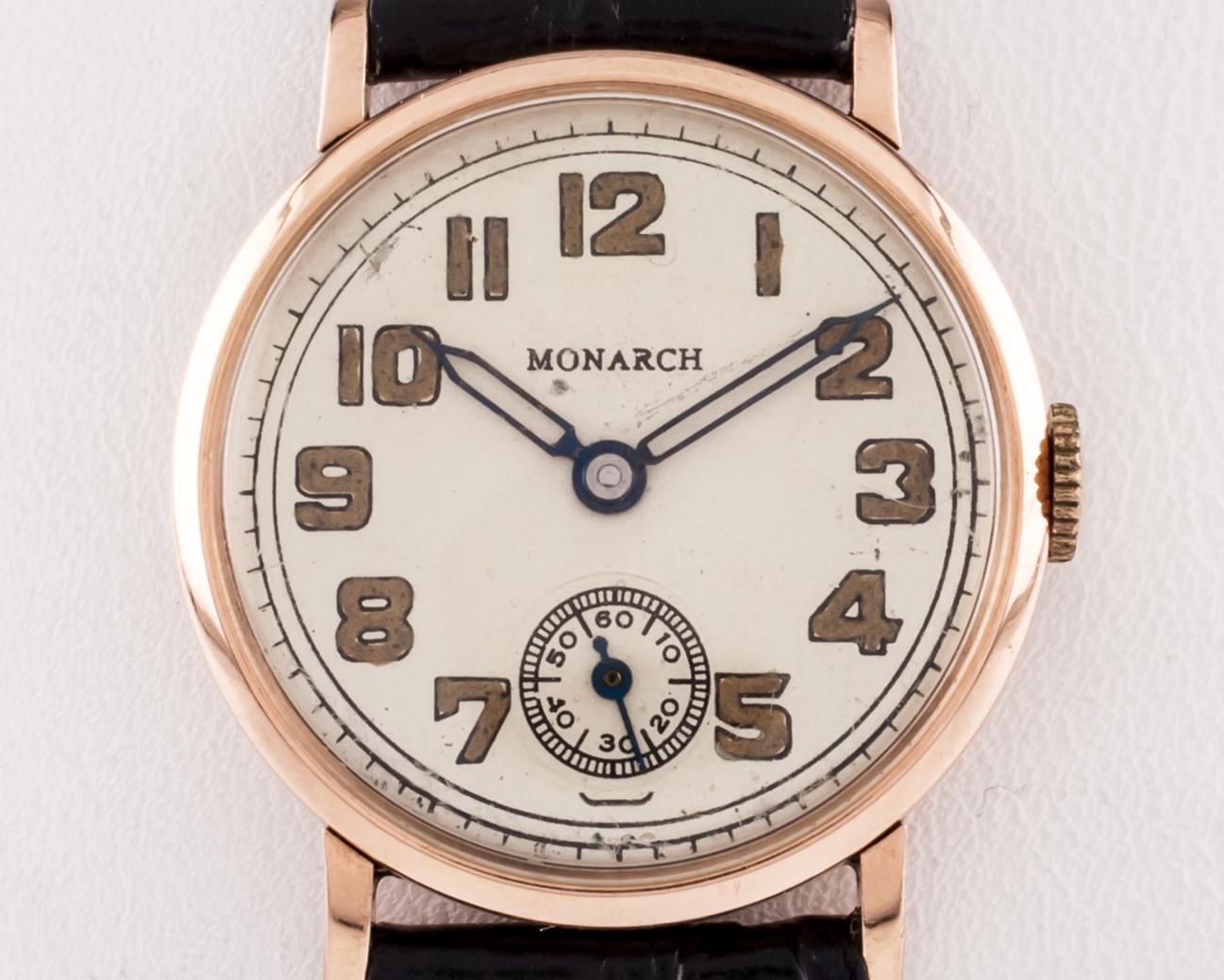 Monarch 14k Rose Gold Round Hand-Wind Vintage Watch w/ Leather Band
Movement #1123
14k Rose Gold Round Case
28 mm in Diameter (30 mm w/ Crown)
Lug-to-Lug Width = 16 mm
Lug-to-Lug Distance = 34 mm
Thickness = 7 mm
Champagne Dial w/ Gold Numbers and