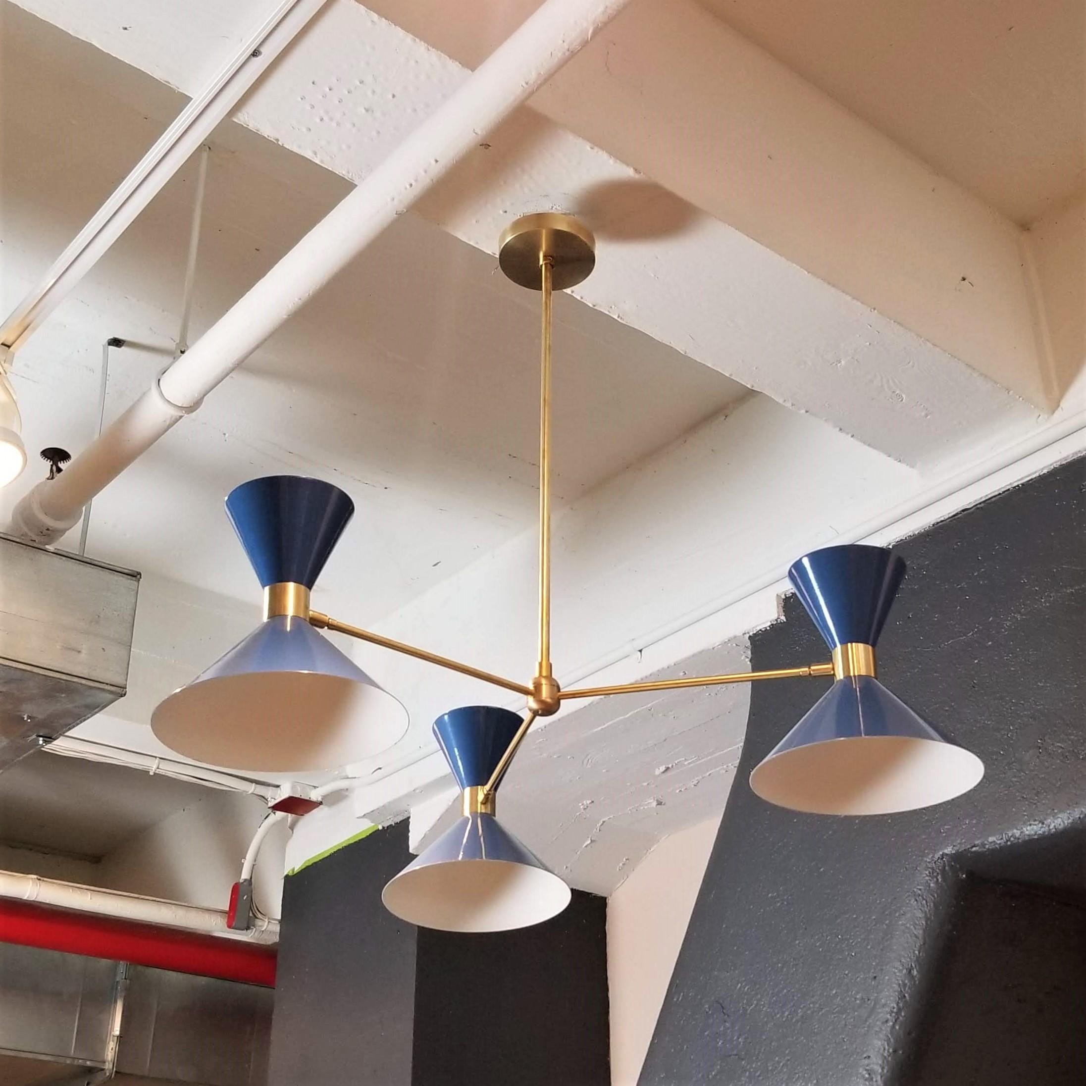 Mid-Century Modern 'Monarch' 3-Arm Modern Pendant in Brass and Blue Enamel by Blueprint Lighting For Sale