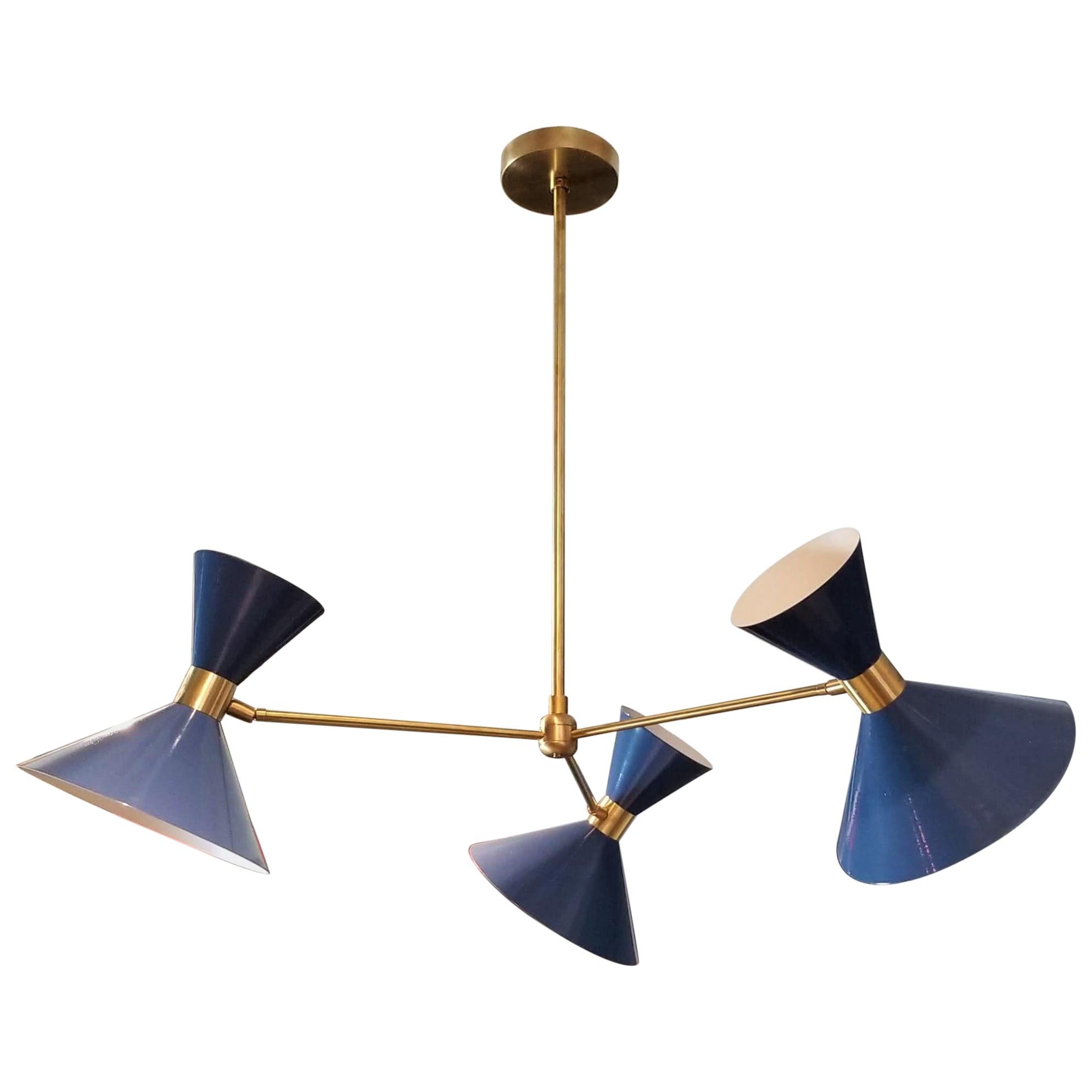 'Monarch' 3-Arm Modern Pendant in Brass and Blue Enamel by Blueprint Lighting