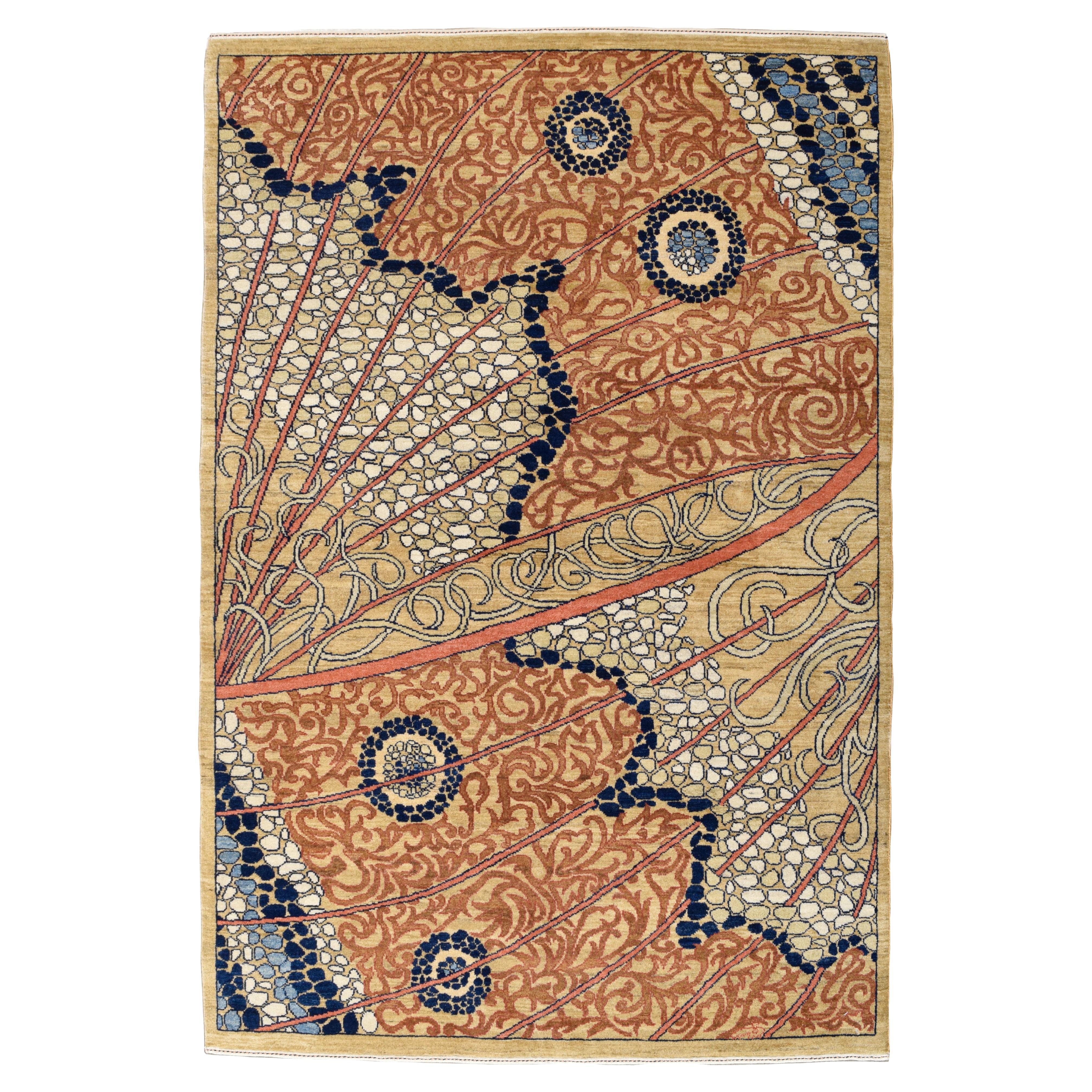 Tappeto persiano Monarch-Inspired in lana terracotta, sabbia, indaco e blu, 4x6 in vendita