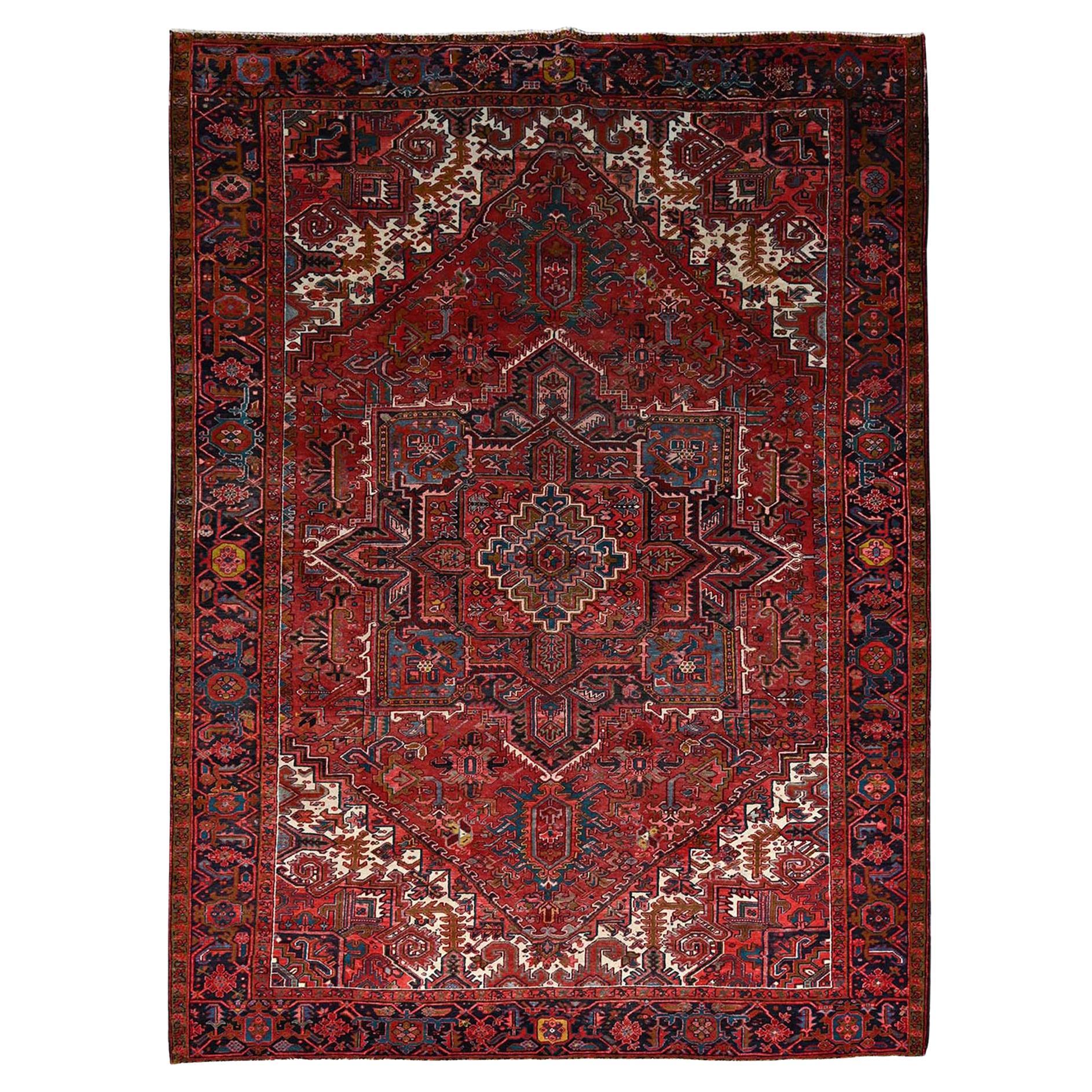 Monarch Red Full Pile and Clean Vintage Persian Heriz Hand Knotted Pure Wool Rug