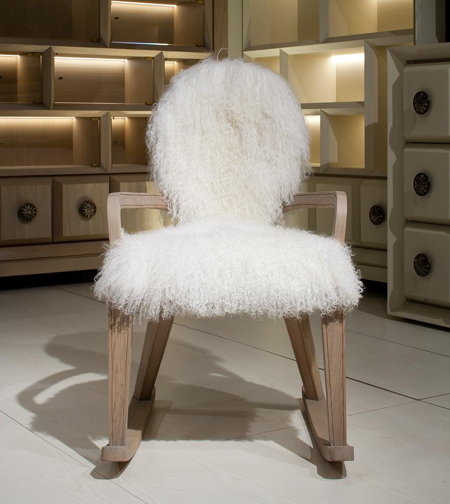 Contemporary MONARCH Wooden Rocking Armchair with Decorated Back and Covered with White Lamb For Sale