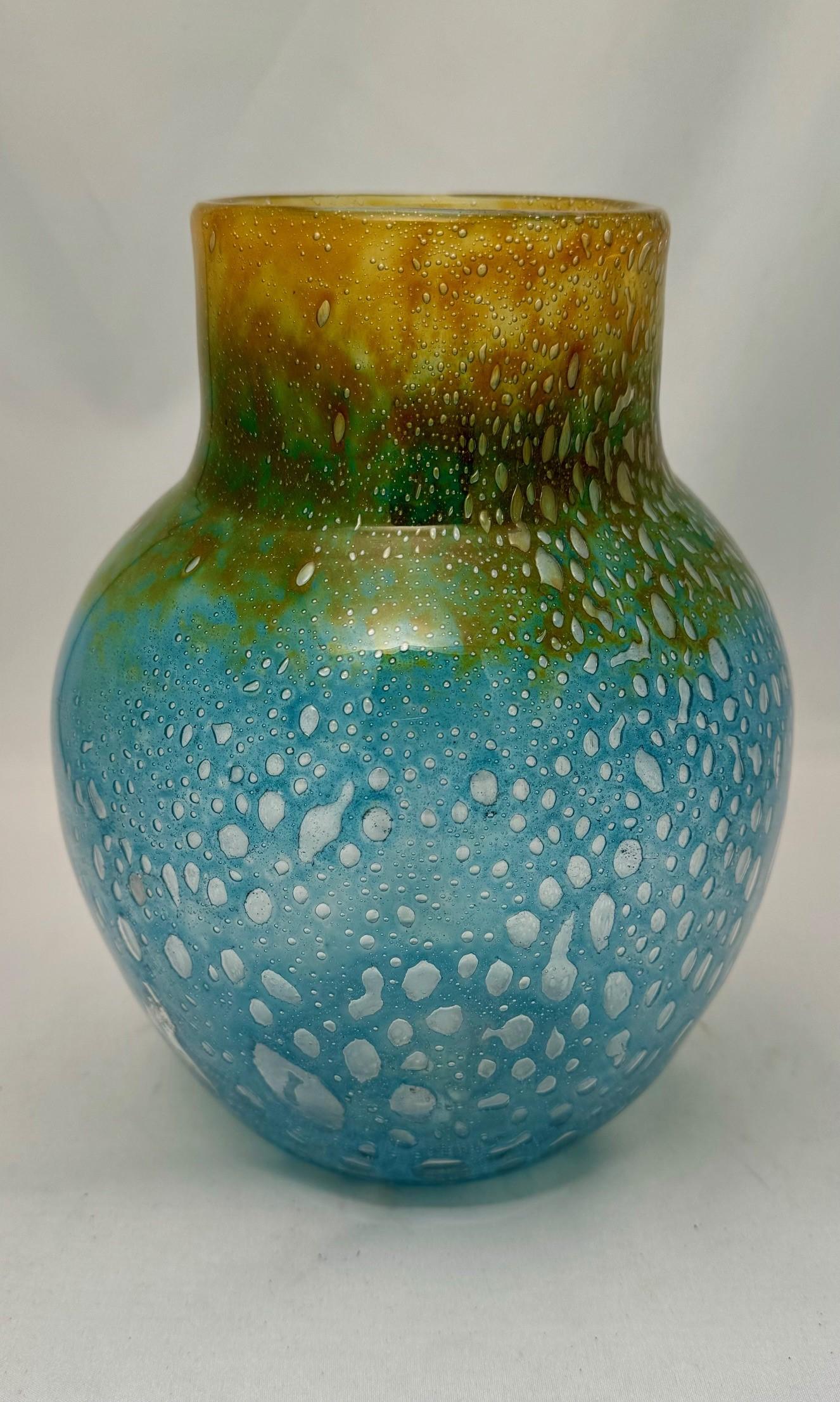 Scottish Monart Green Yellow Glass Vase For Sale